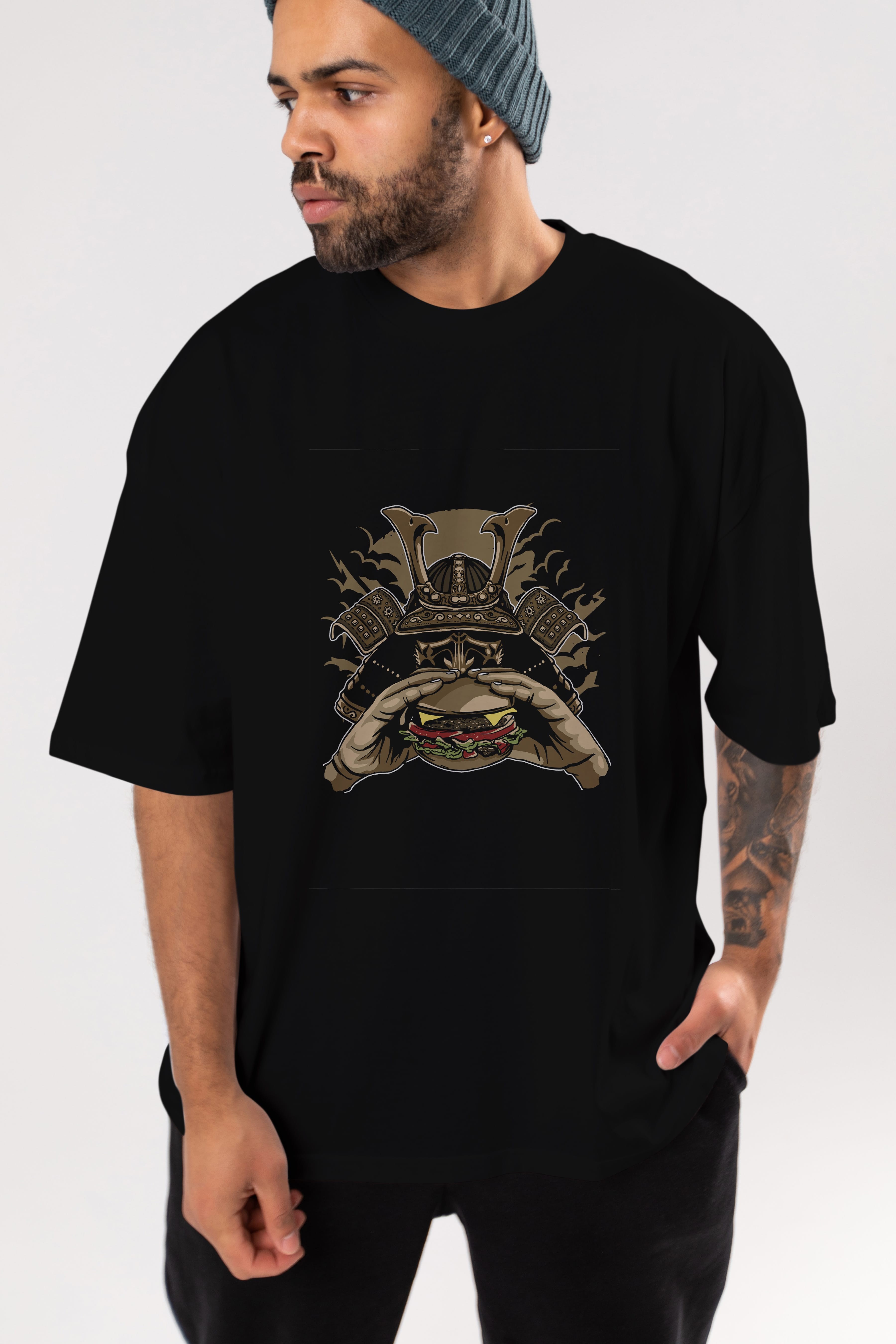 Samurai Burger Ön Baskılı Oversize t-shirt Erkek Kadın Unisex %100 Pamuk tişort