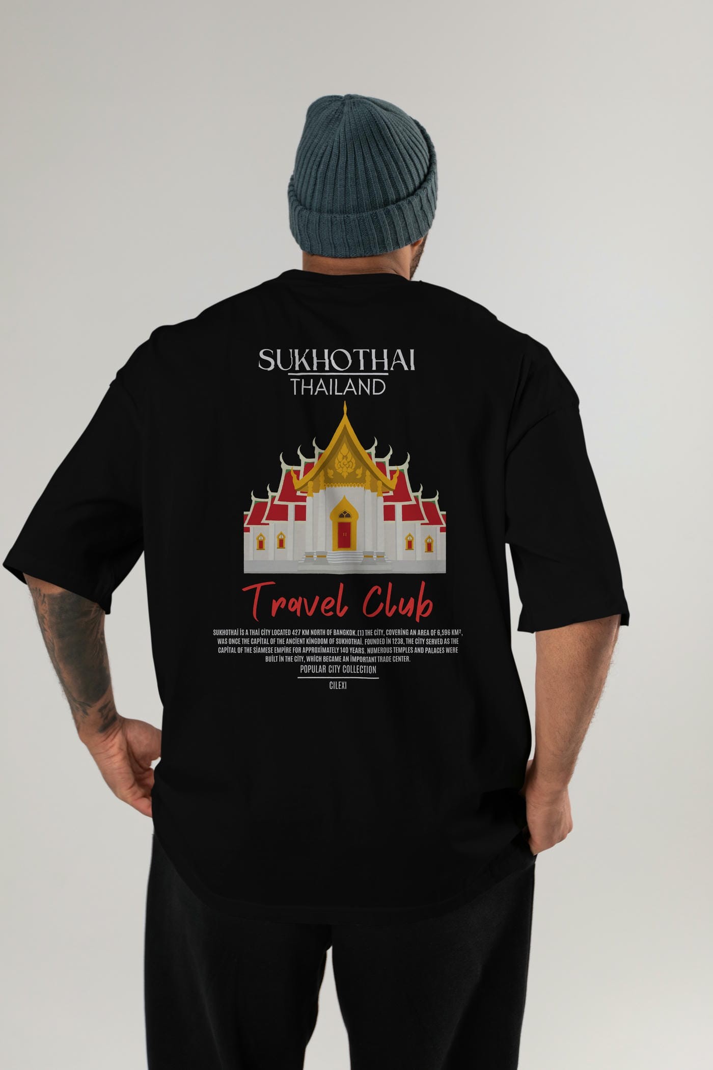Sukhothai Thailand Arka Baskılı Oversize t-shirt Erkek Kadın Pamuk Bisiklet Yaka tişort