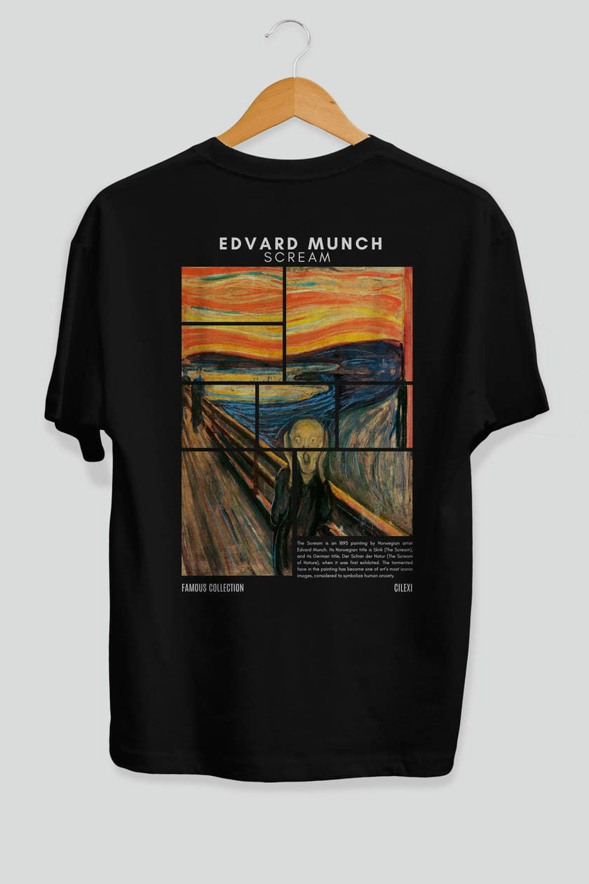 Edvard Munch Scream Arka Baskılı Oversize t-shirt Erkek Kadın Bisiklet Yaka Pamuk tişort