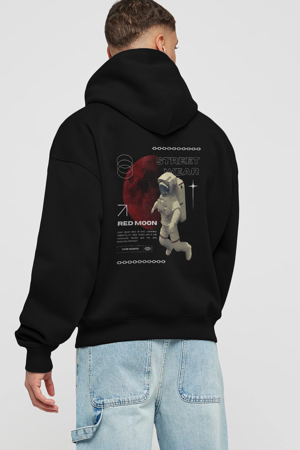 Red Moon Streetwear Arka Baskılı Oversize Hoodie Kapüşonlu Sweatshirt Erkek Kadın Unisex