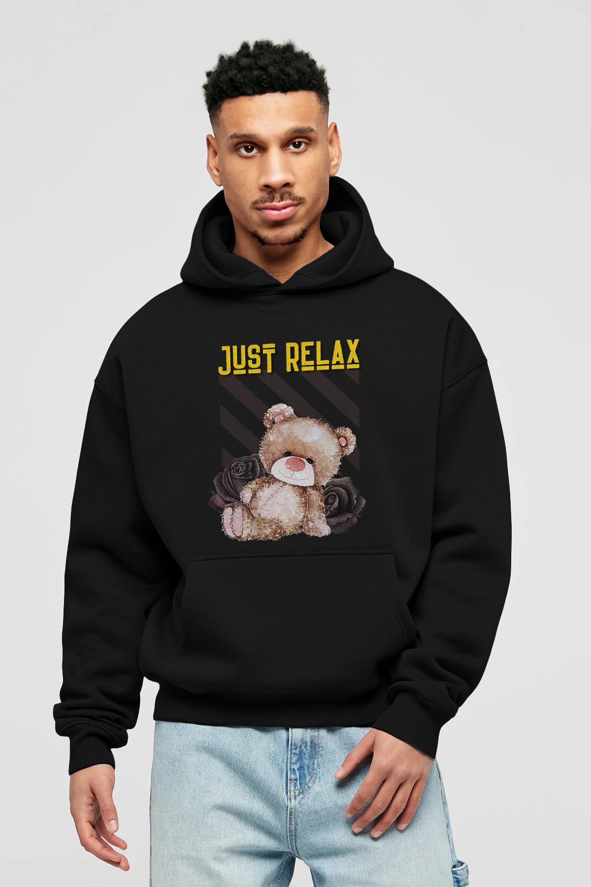 Just Relax Teddy Bear Ön Baskılı Oversize Hoodie Kapüşonlu Sweatshirt Erkek Kadın Unisex