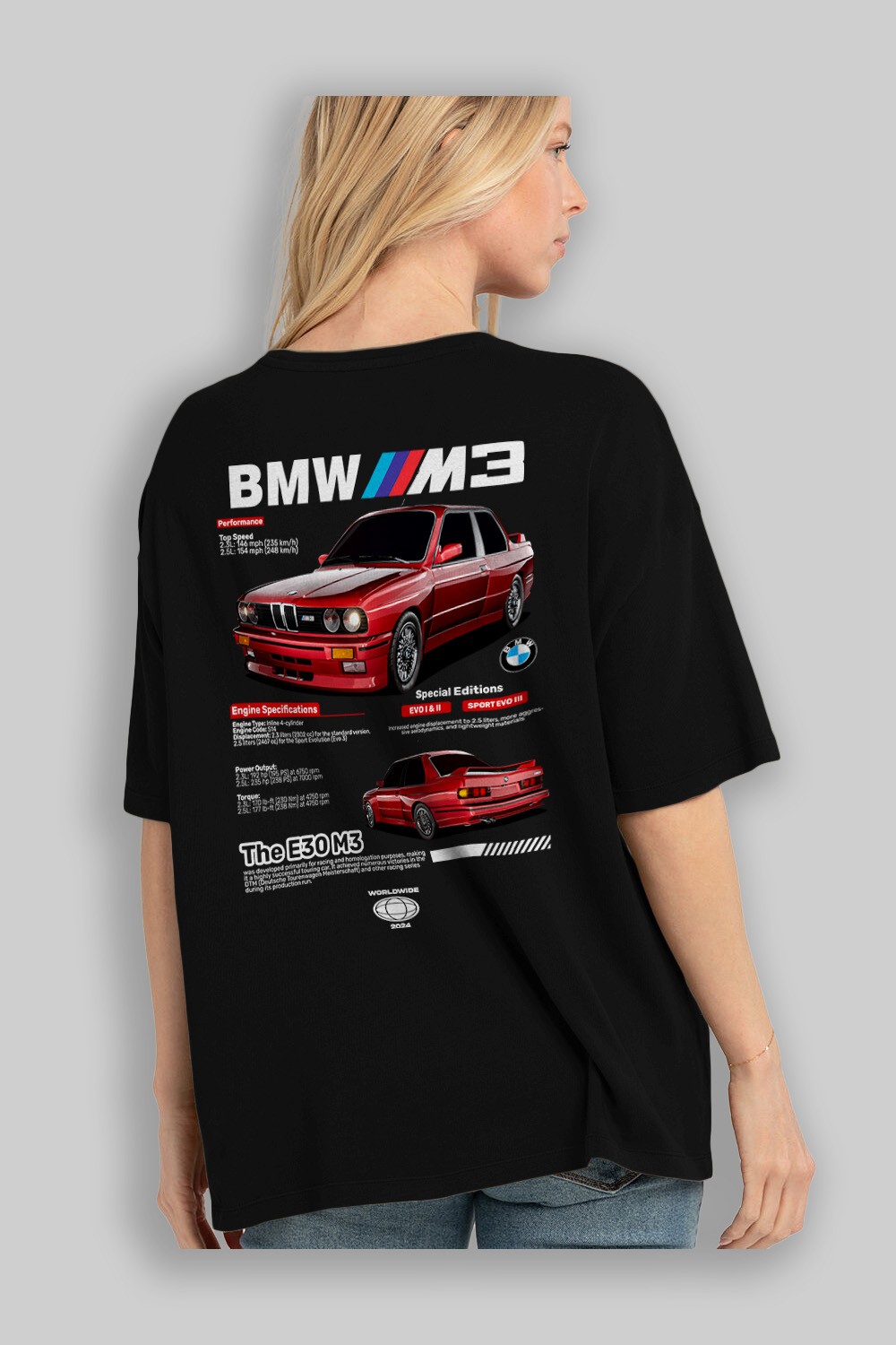 BMW E30 M3 Arka Baskılı Oversize t-shirt Erkek Kadın Unisex %100 Pamuk Bisiklet Yaka tişort