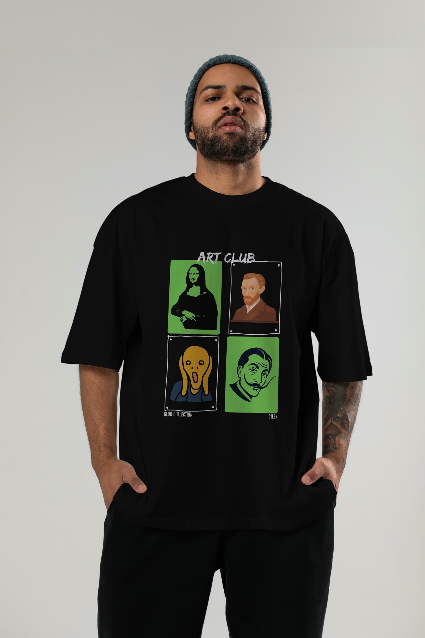 Art Club ön Baskılı Oversize t-shirt Erkek Kadın %100 Pamuk Bisiklet Yaka tişort