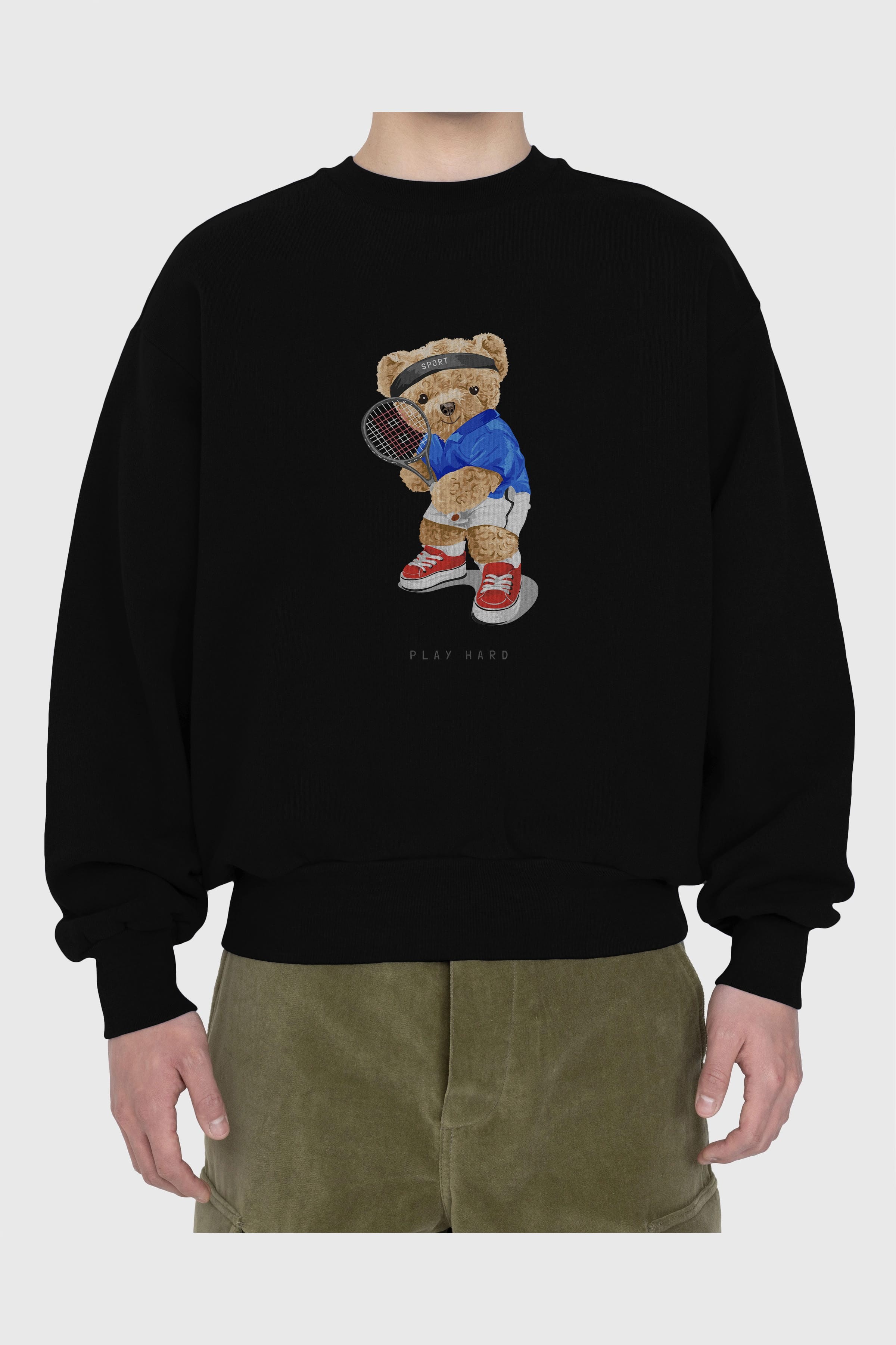 Teddy Bear Play Hard Ön Baskılı Oversize Sweatshirt Erkek Kadın Unisex