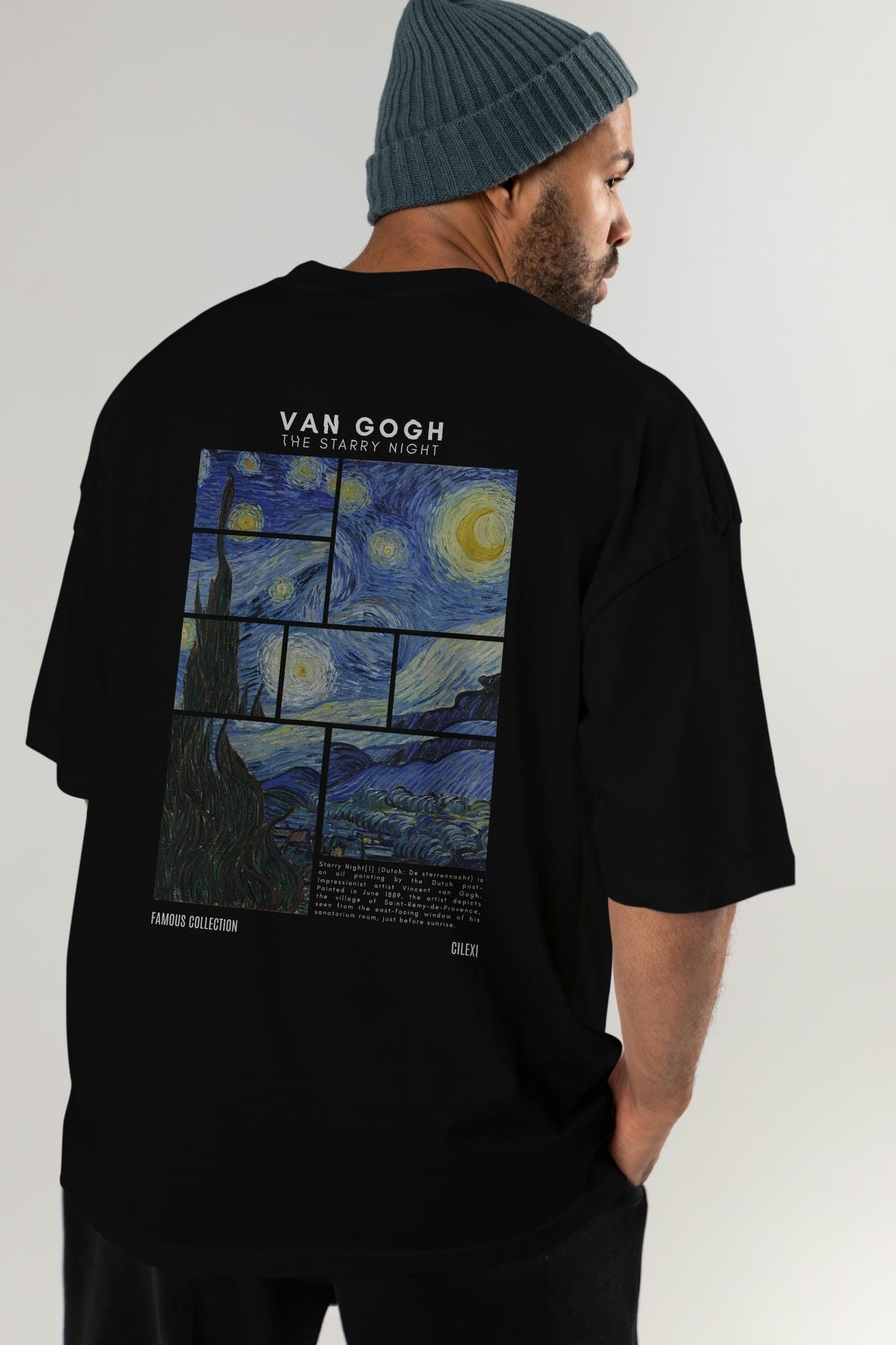 Van Gogh The Starry Night Arka Baskılı Oversize t-shirt Erkek Kadın Bisiklet Yaka Pamuk tişort
