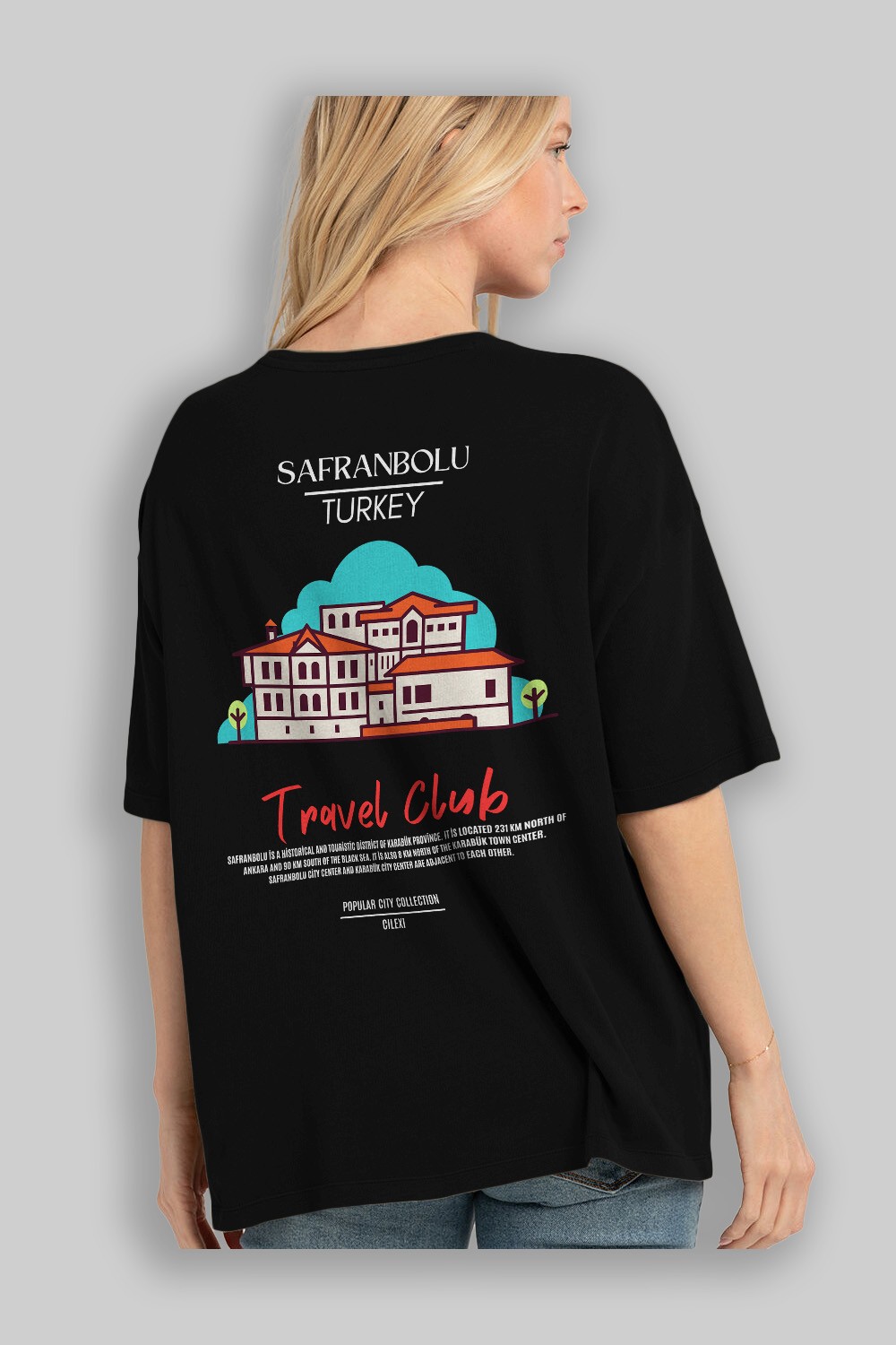 Safranbolu Turkey Arka Baskılı Oversize t-shirt Erkek Kadın Pamuk Bisiklet Yaka tişort