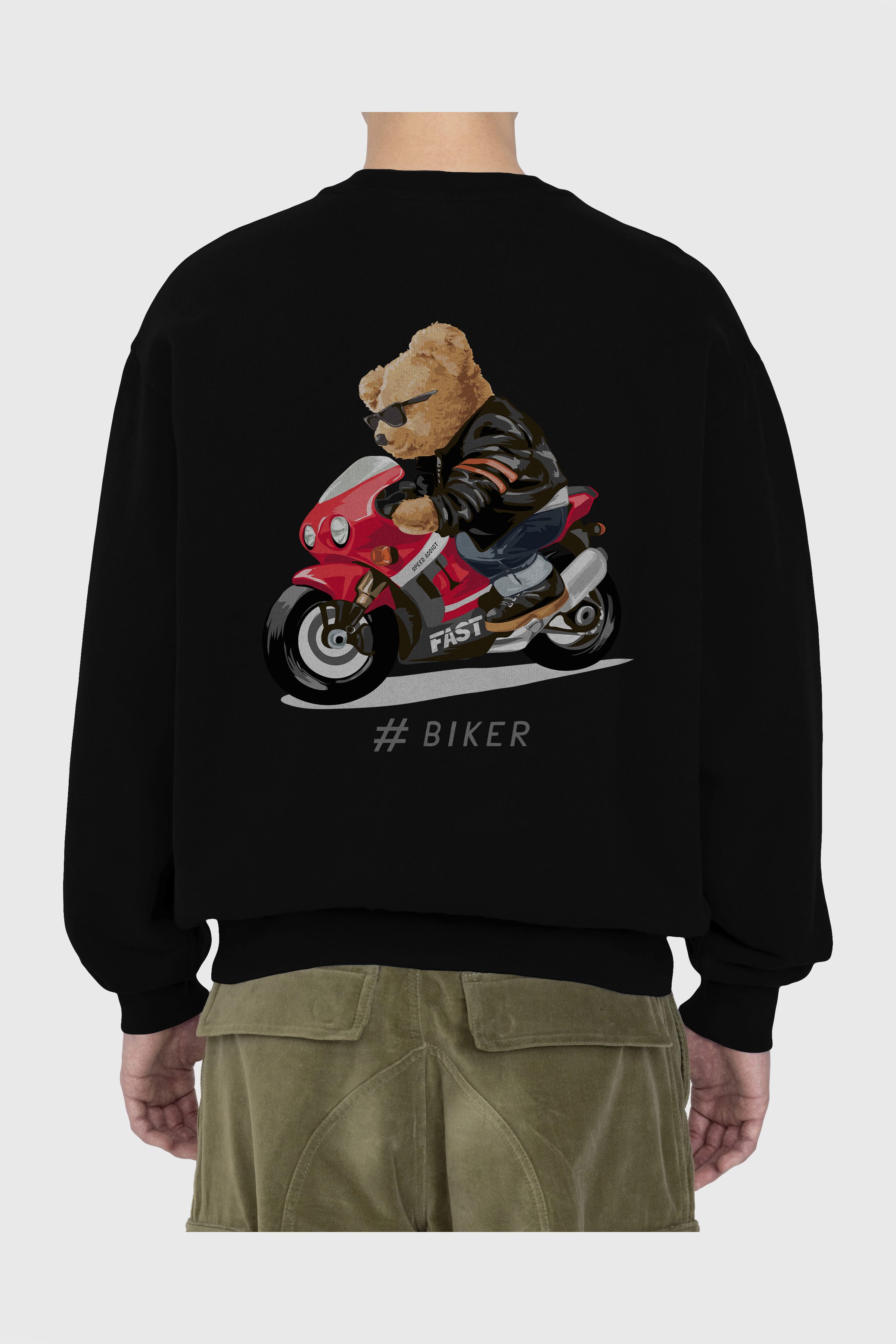 Teddy Bear Biker Arka Baskılı Oversize Sweatshirt Erkek Kadın Unisex