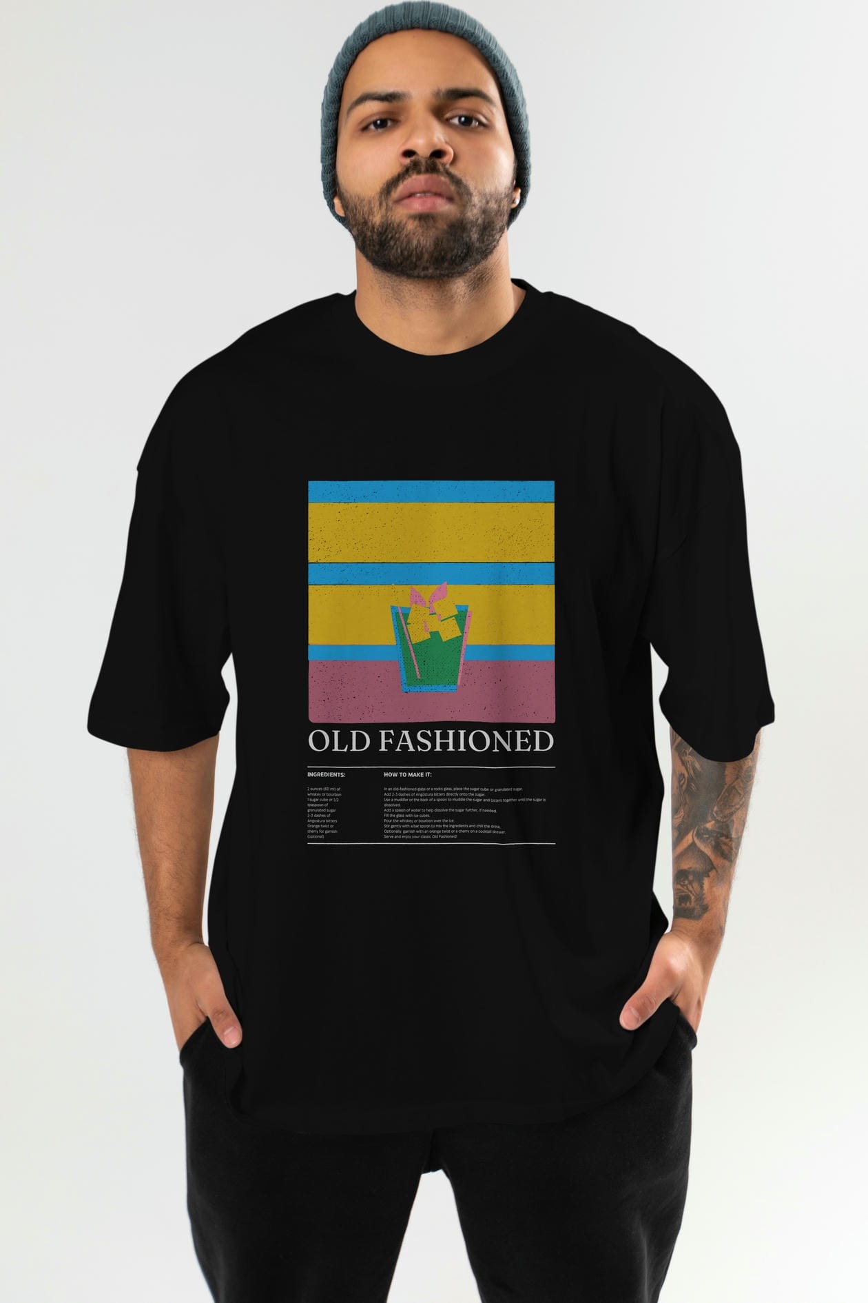 Old Fashioned Kokteyl Ön Baskılı Oversize t-shirt Erkek Kadın %100 Pamuk Bisiklet Yaka tişort