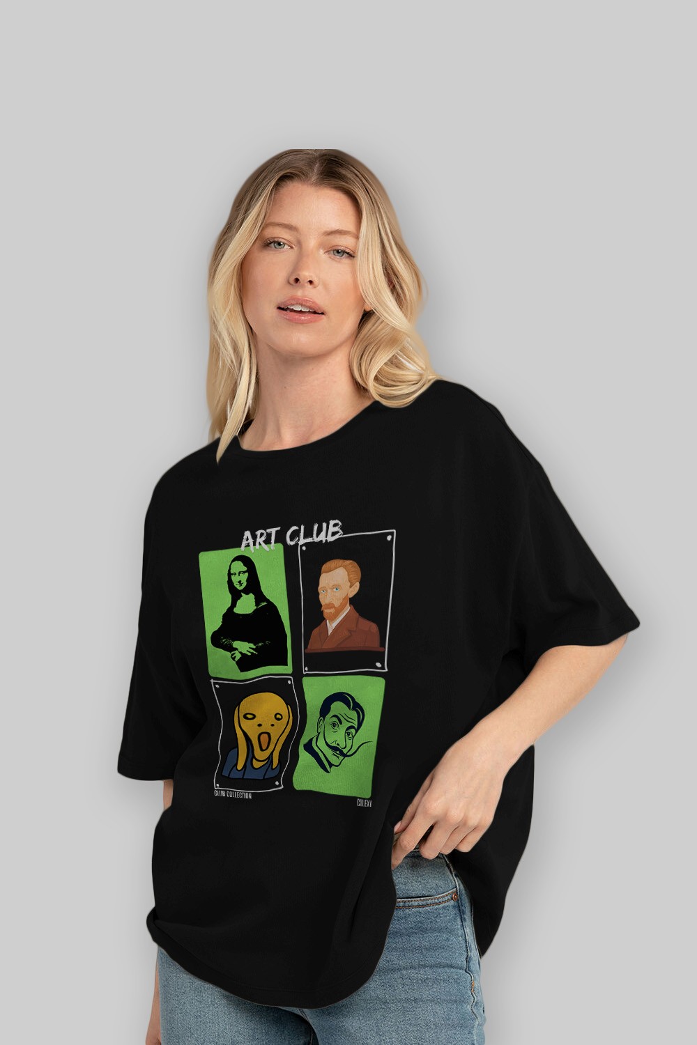 Art Club ön Baskılı Oversize t-shirt Erkek Kadın %100 Pamuk Bisiklet Yaka tişort