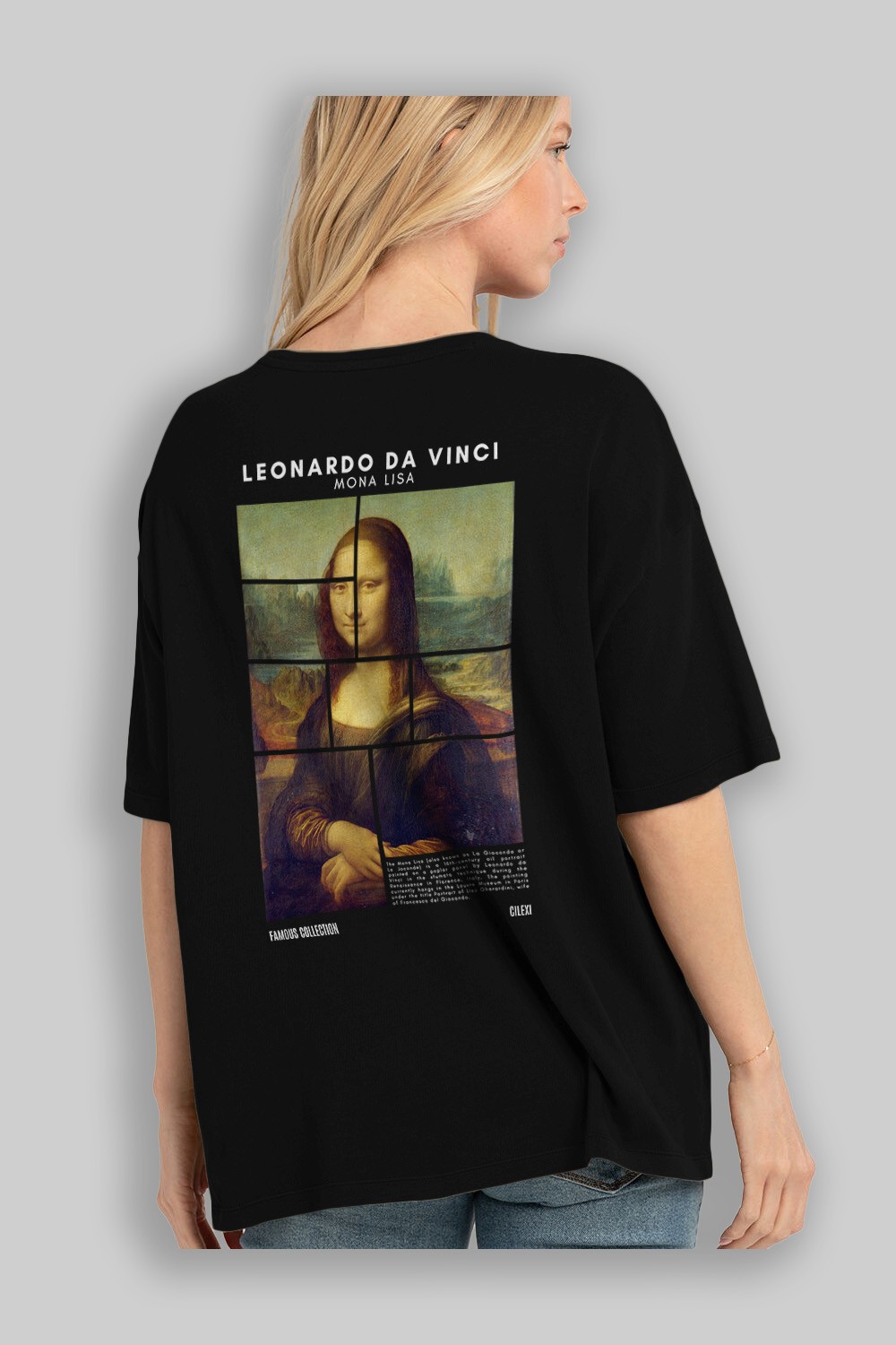 Leonardo Da Vinci Mona Lisa Arka Baskılı Oversize t-shirt Erkek Kadın Bisiklet Yaka Pamuk tişort