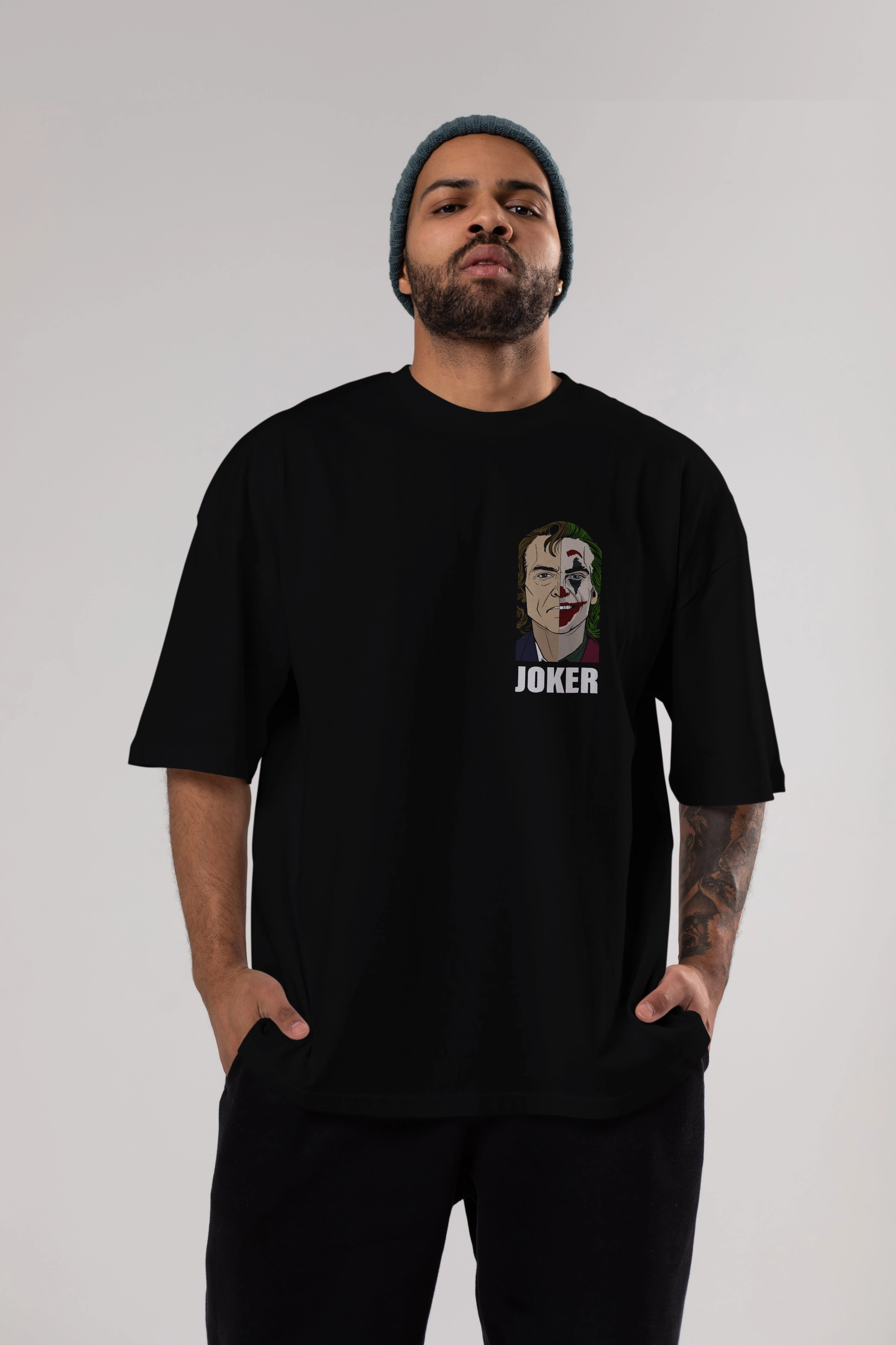 Joker (8) Ön Sol Baskılı Oversize t-shirt Erkek Kadın Unisex %100 Pamuk Bisiklet Yaka tişort