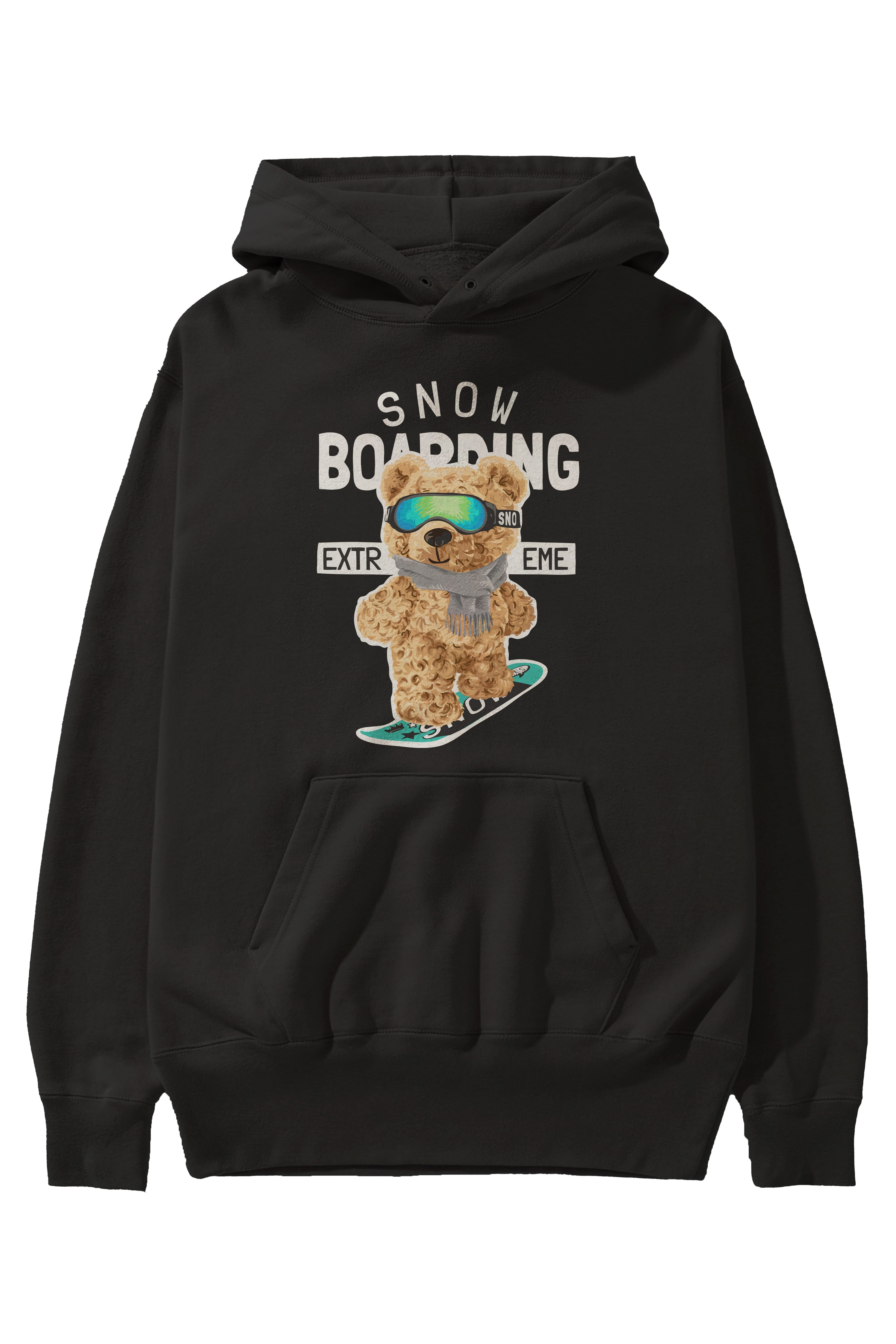 Teddy Bear Snow Boarding Ön Baskılı Hoodie Oversize Kapüşonlu Sweatshirt Erkek Kadın Unisex