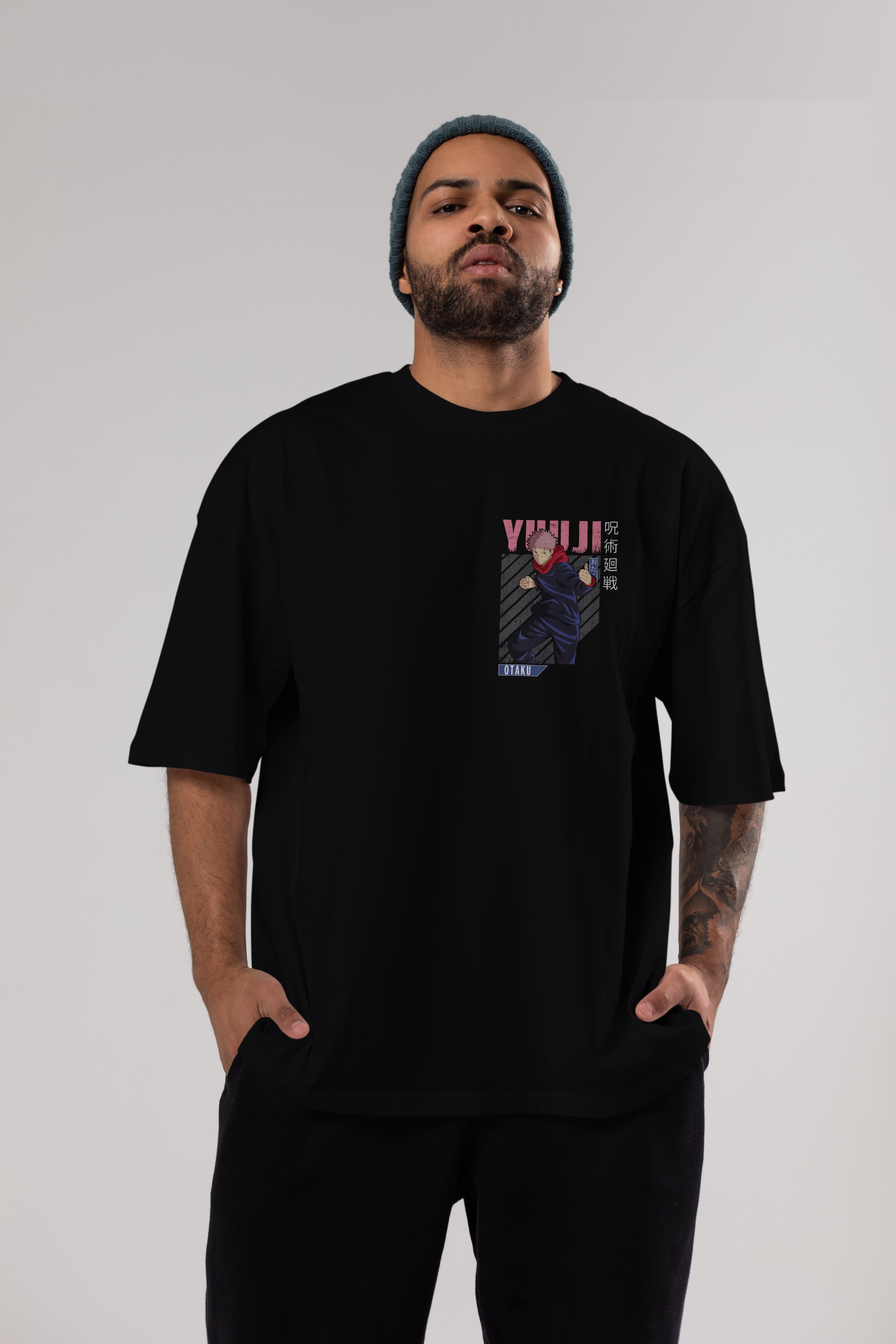 Yuuji Itadori Ön Sol Baskılı Oversize t-shirt Erkek Kadın Unisex %100 Pamuk Bisiklet Yaka tişort