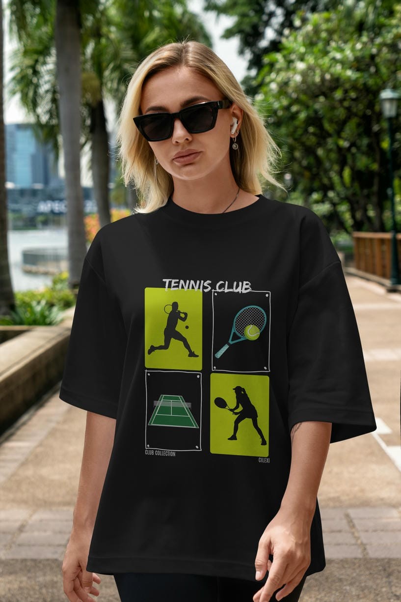 Tennis Club ön Baskılı Oversize t-shirt Erkek Kadın %100 Pamuk Bisiklet Yaka tişort