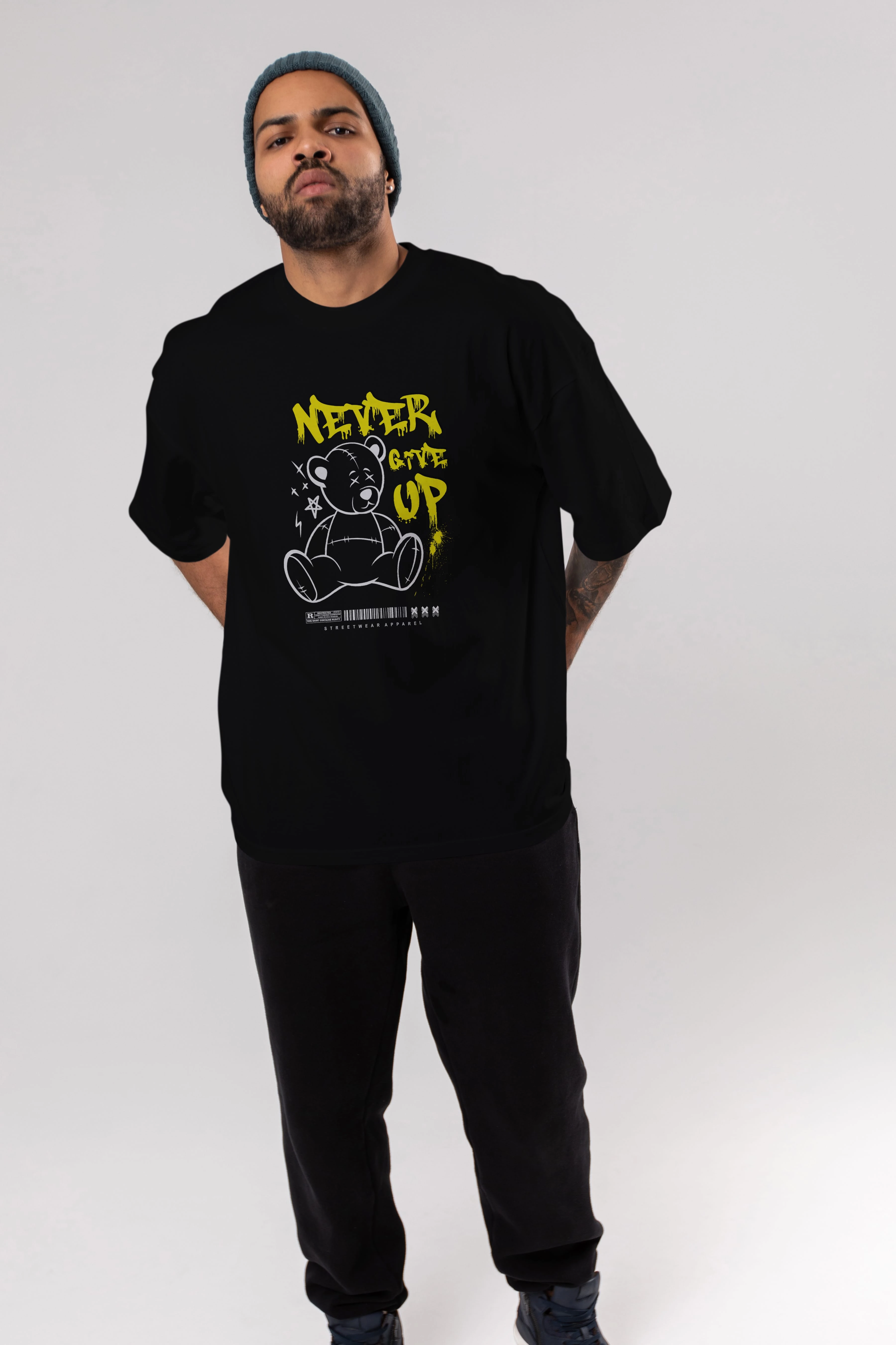 Teddy Bear Never Give Up Ön Baskılı Oversize t-shirt Erkek Kadın Unisex