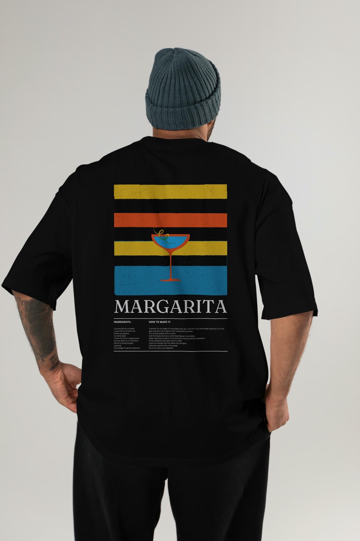 Margarita Kokteyl Serisi Arka Baskılı Oversize t-shirt Erkek Kadın %100 Pamuk Bisiklet Yaka tişort