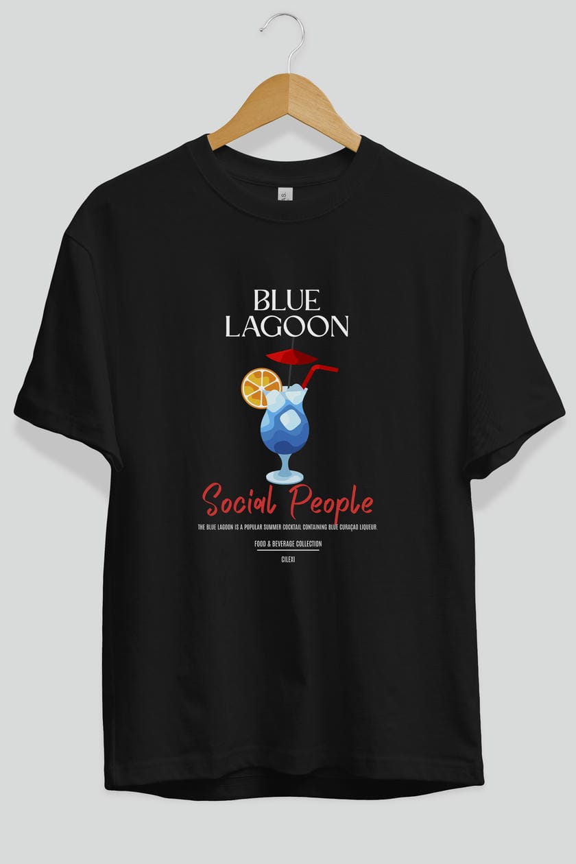 Blue Lagoon Kokteyl Serisi ön Baskılı Oversize t-shirt Erkek Kadın %100 Pamuk Bisiklet Yaka tişort