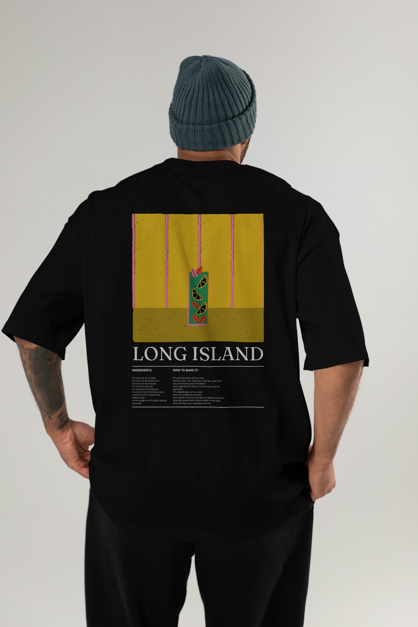 Long Island Kokteyl Serisi Arka Baskılı Oversize t-shirt Erkek Kadın %100 Pamuk Bisiklet Yaka tişort