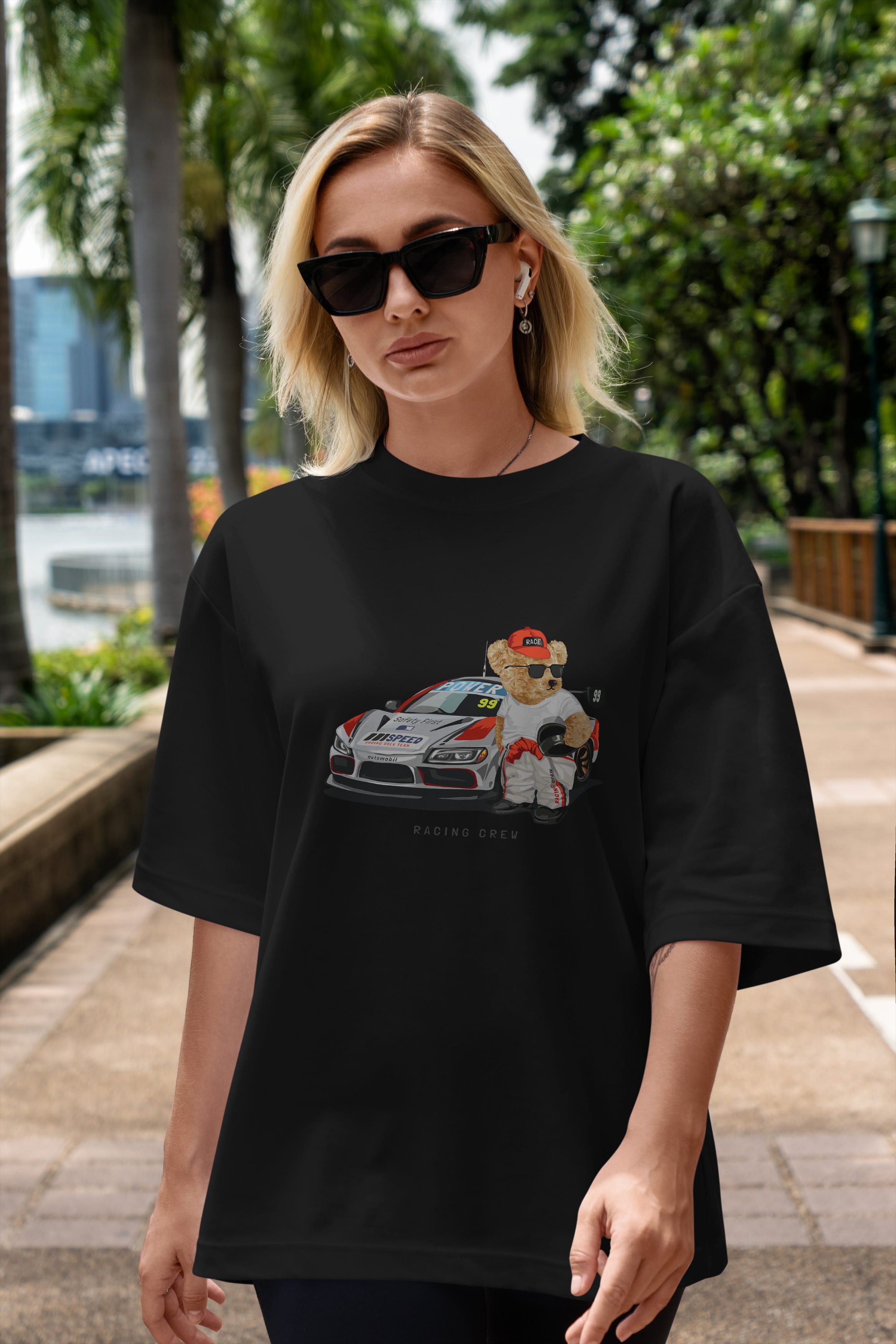 Teddy Bear Racing Crew Ön Baskılı Oversize t-shirt Erkek Kadın Unisex %100 Pamuk