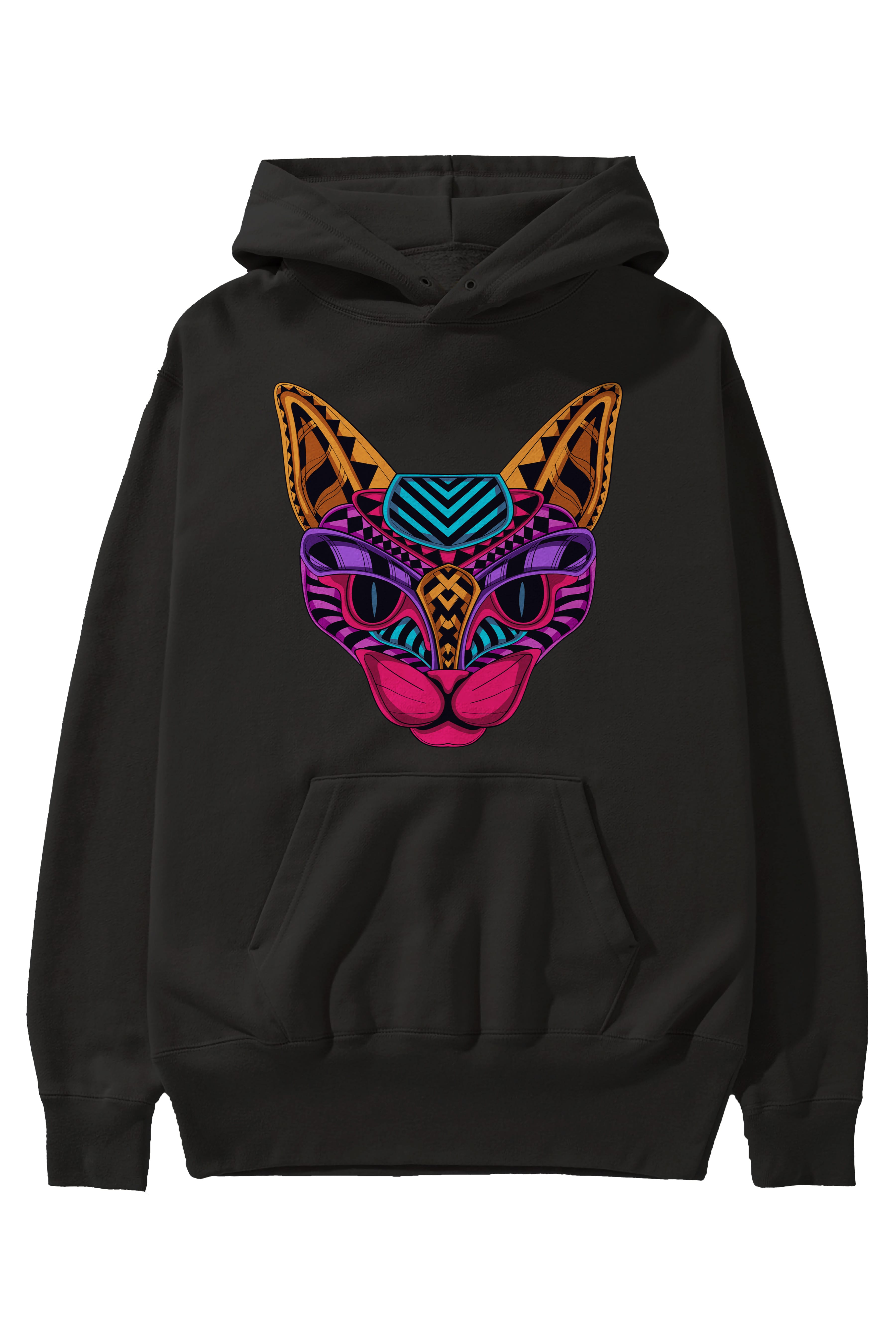 Black Neon Cat Ön Baskılı Oversize Hoodie Kapüşonlu Sweatshirt Erkek Kadın Unisex