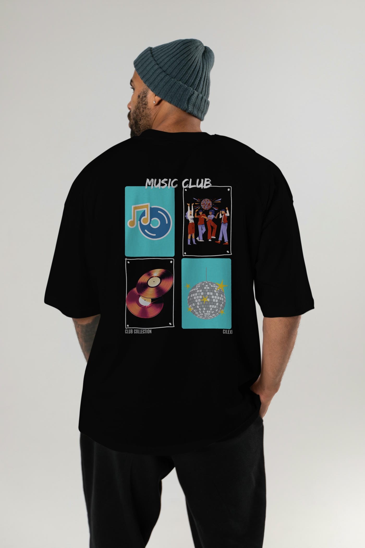 Music Club Arka Baskılı Oversize t-shirt Erkek Kadın %100 Pamuk Bisiklet Yaka tişort