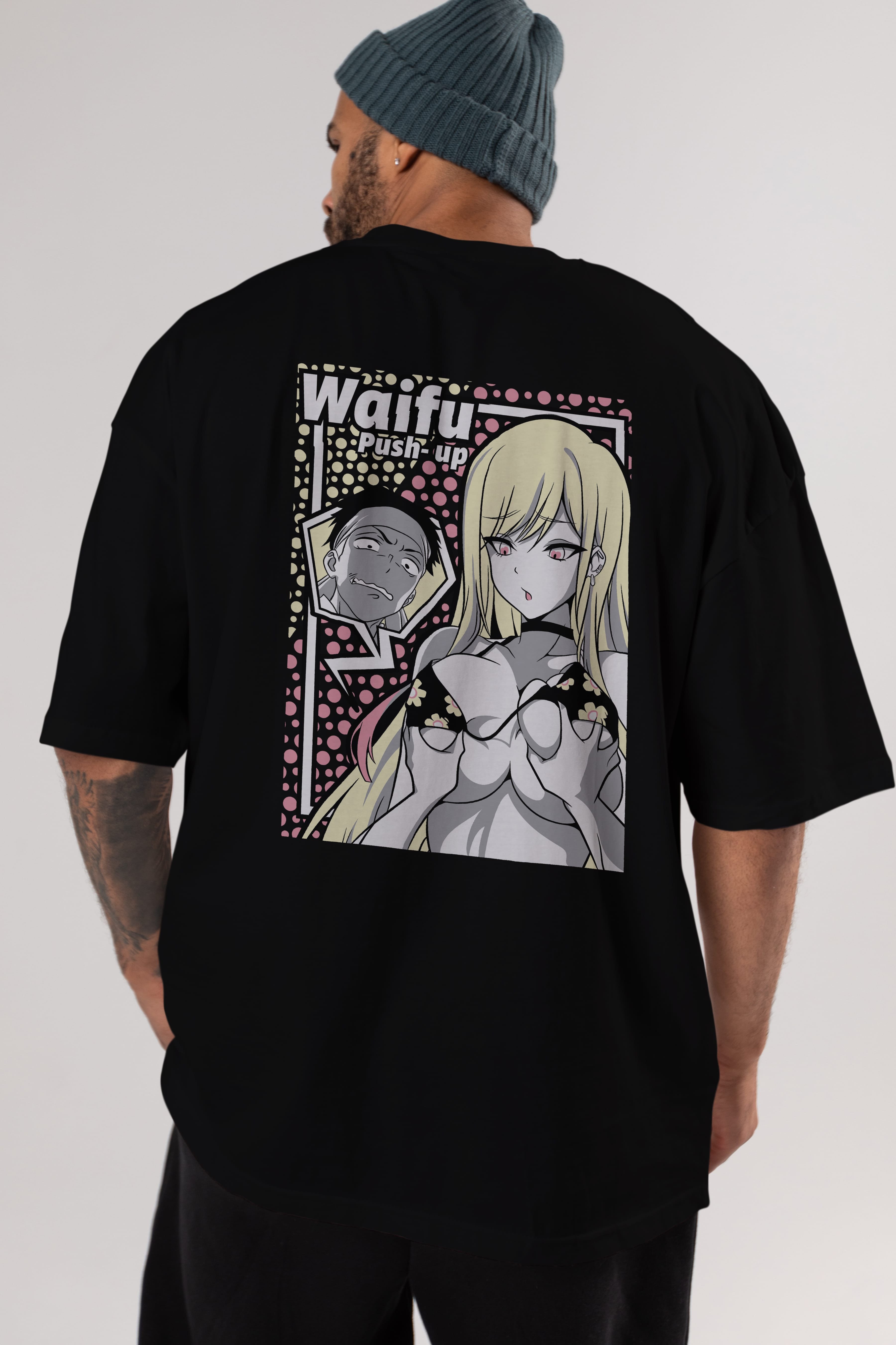Waifu PushUp Anime Arka Baskılı Oversize t-shirt Erkek Kadın Unisex
