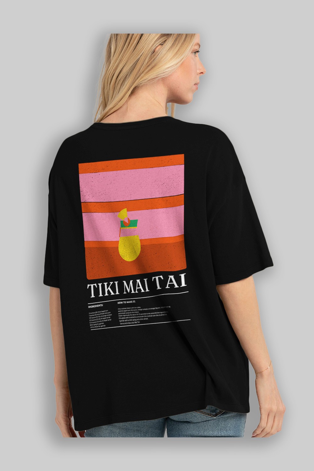 Tiki Mai Tai Kokteyl Serisi Arka Baskılı Oversize t-shirt Erkek Kadın %100 Pamuk Bisiklet Yaka tişort