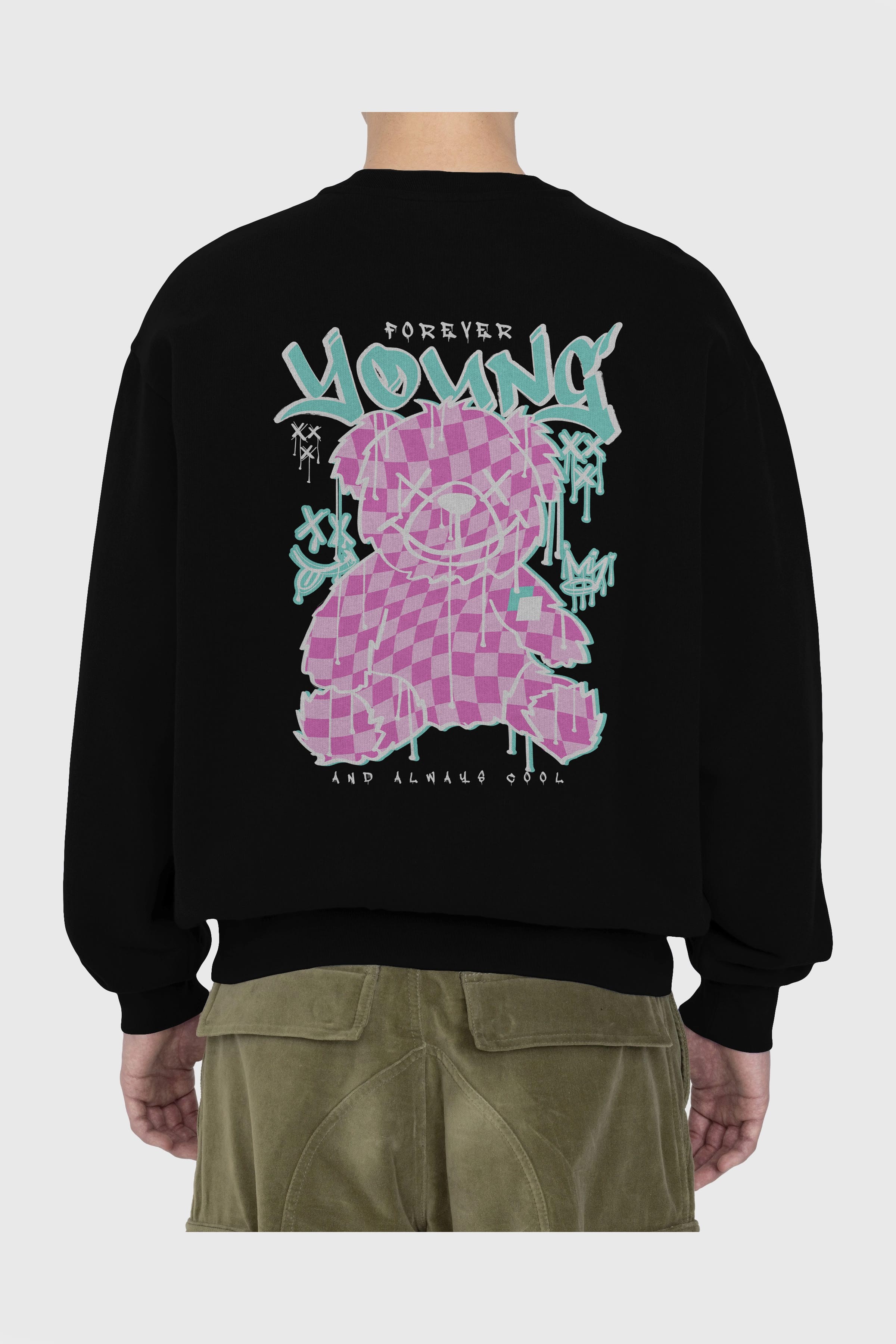 Young and Always Cool Bear Arka Baskılı Oversize Sweatshirt Erkek Kadın Unisex