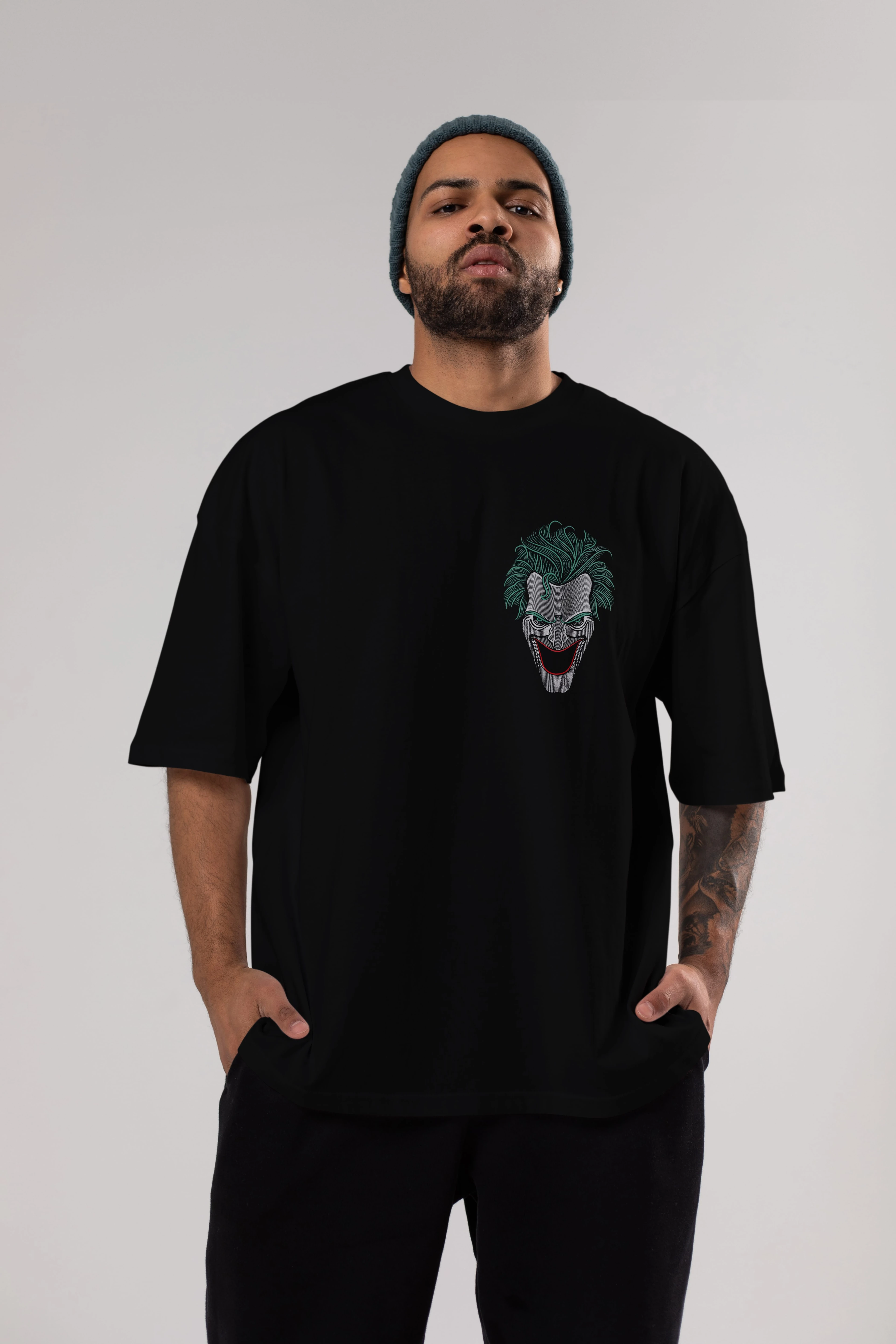 Joker (1) Ön Sol Baskılı Oversize t-shirt Erkek Kadın Unisex %100 Pamuk Bisiklet Yaka tişort
