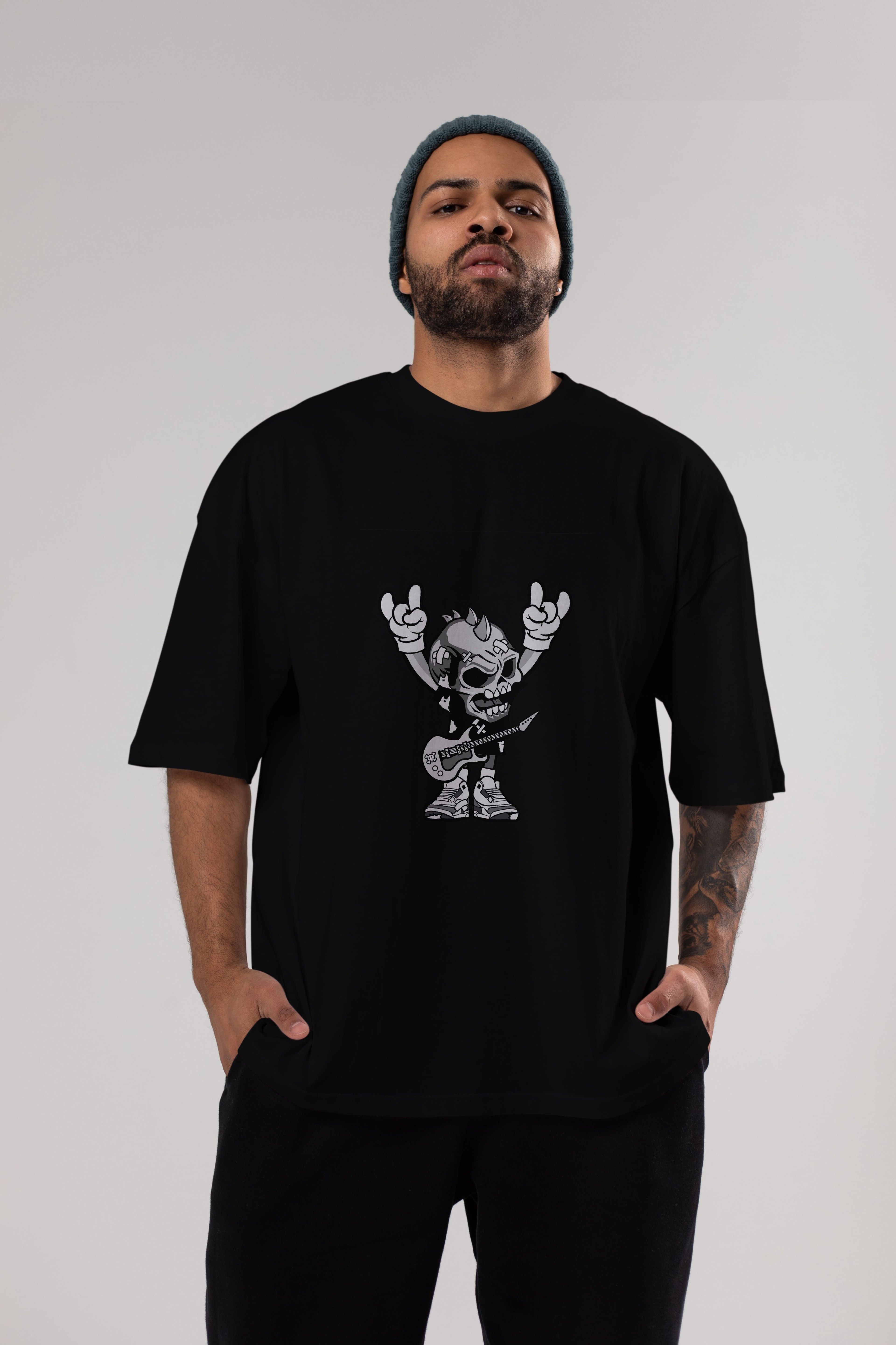Punk Rock Skull Ön Baskılı Oversize t-shirt Erkek Kadın Unisex %100 Pamuk tişort