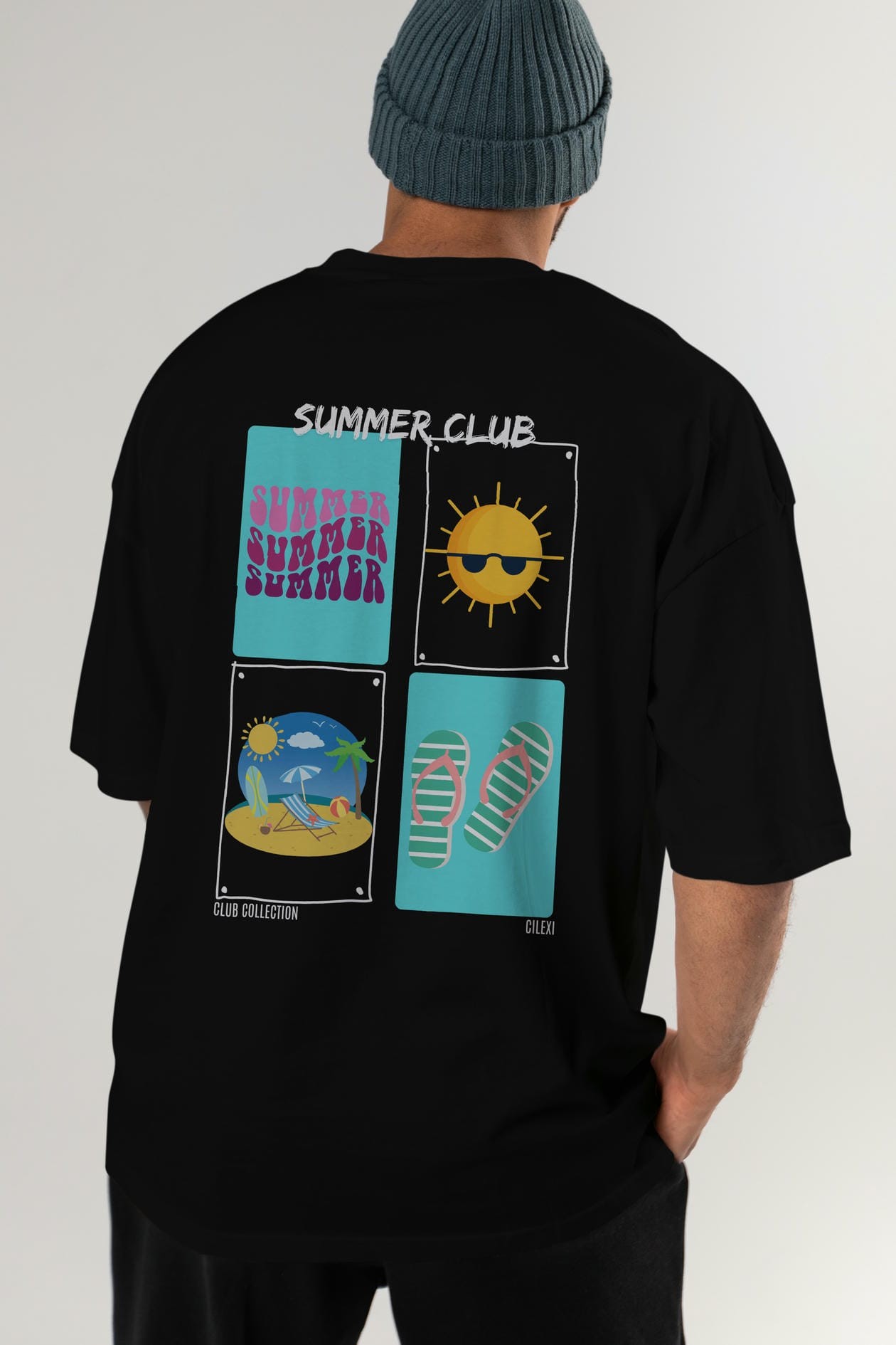 Summer Club Arka Baskılı Oversize t-shirt Erkek Kadın %100 Pamuk Bisiklet Yaka tişort