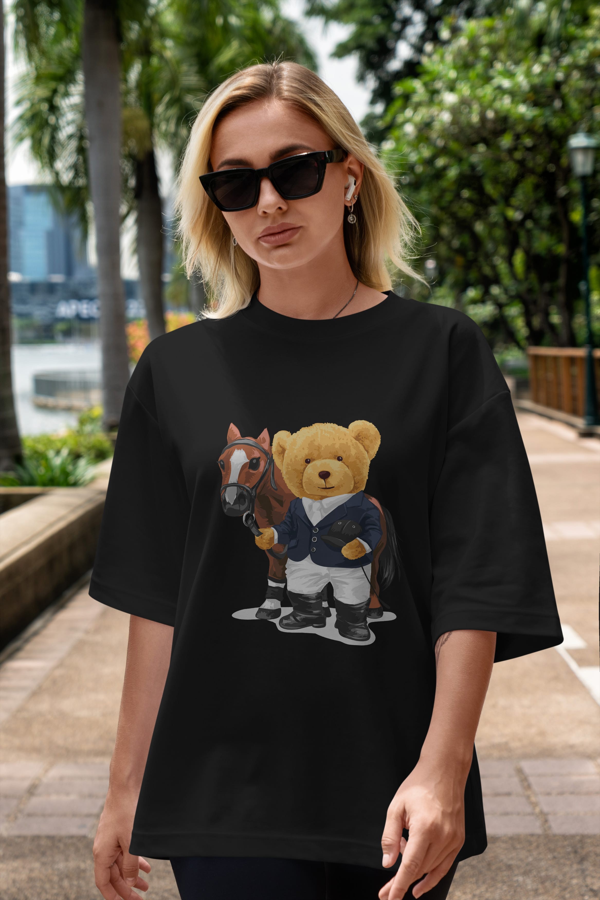 Teddy Bear Horse Riding Ön Baskılı Oversize t-shirt Erkek Kadın Unisex %100 Pamuk
