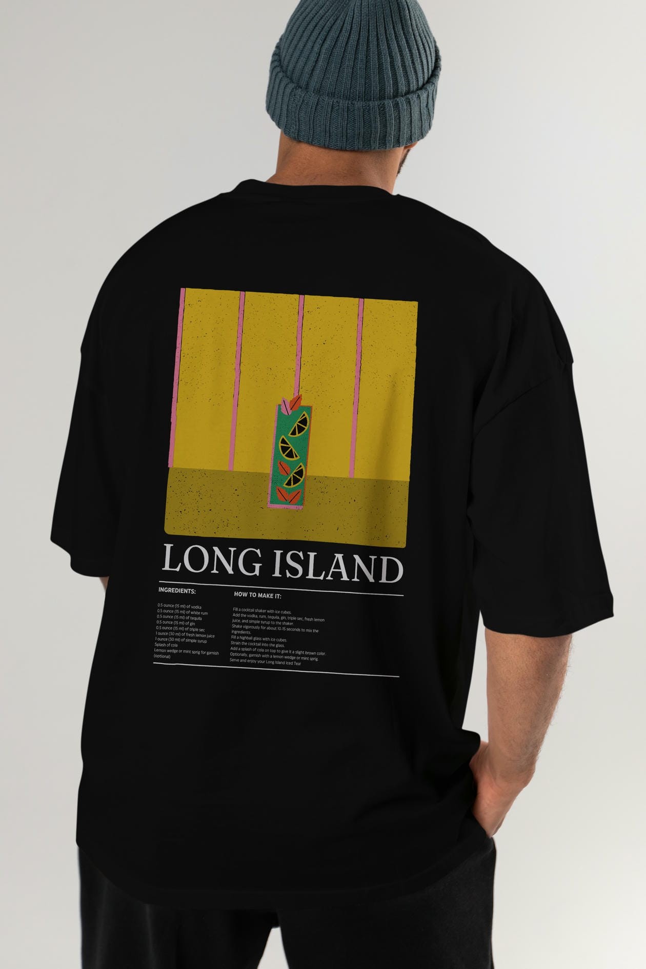Long Island Kokteyl Serisi Arka Baskılı Oversize t-shirt Erkek Kadın %100 Pamuk Bisiklet Yaka tişort
