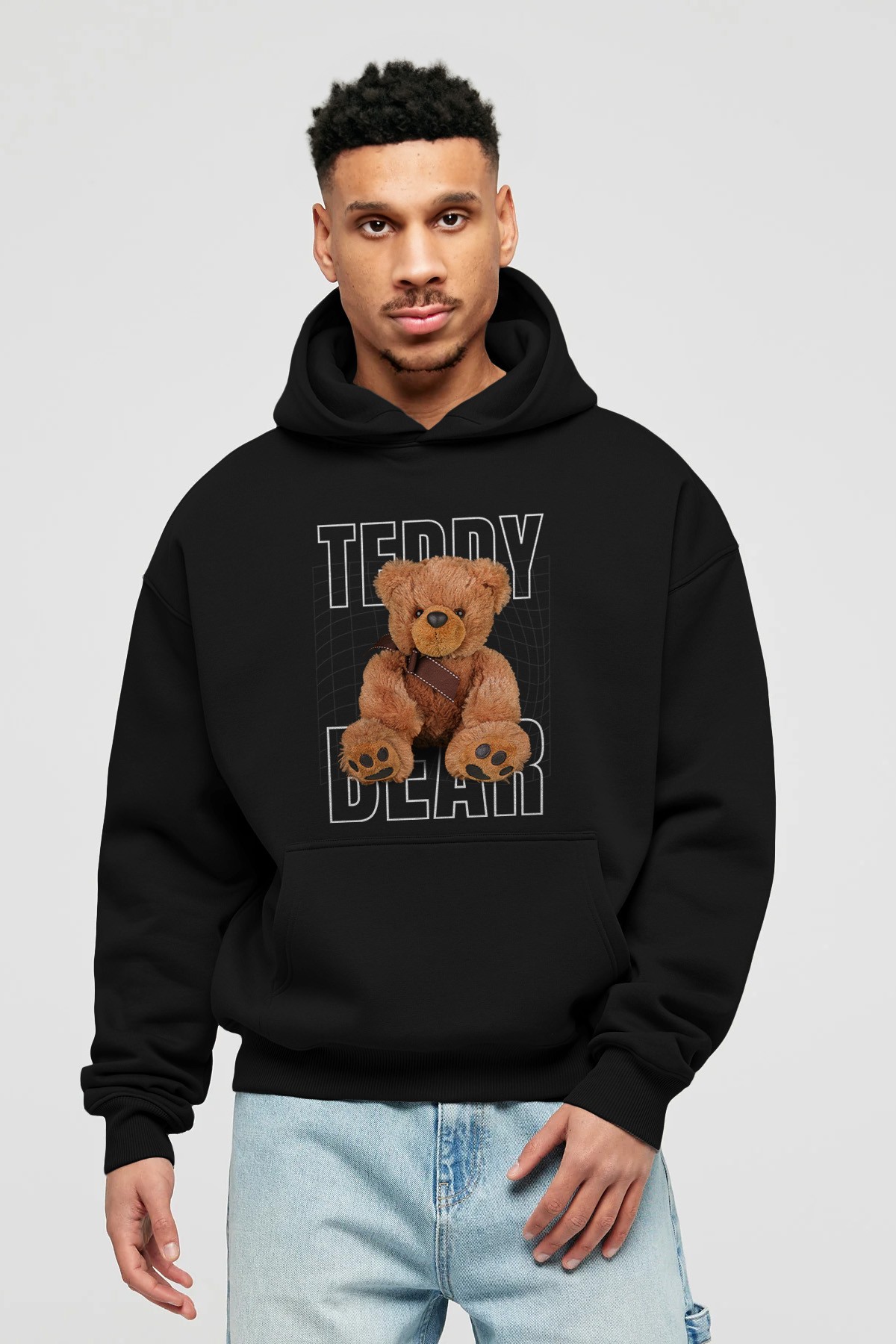 Teddy Bear Yazılı Ön Baskılı Hoodie Oversize Kapüşonlu Sweatshirt Erkek Kadın Unisex