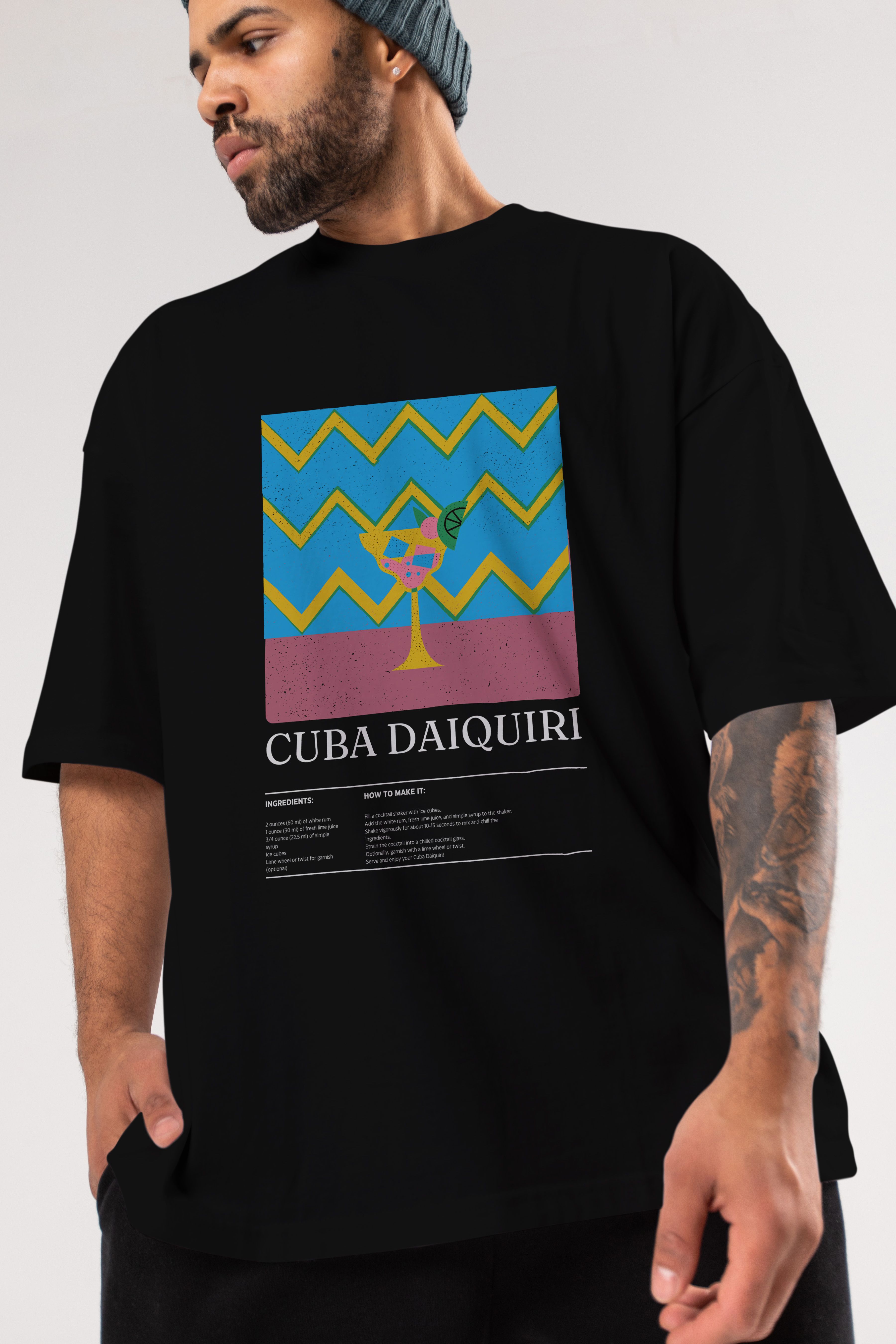 Cuba Daiquiri Kokteyl Ön Baskılı Oversize t-shirt Erkek Kadın %100 Pamuk Bisiklet Yaka tişort
