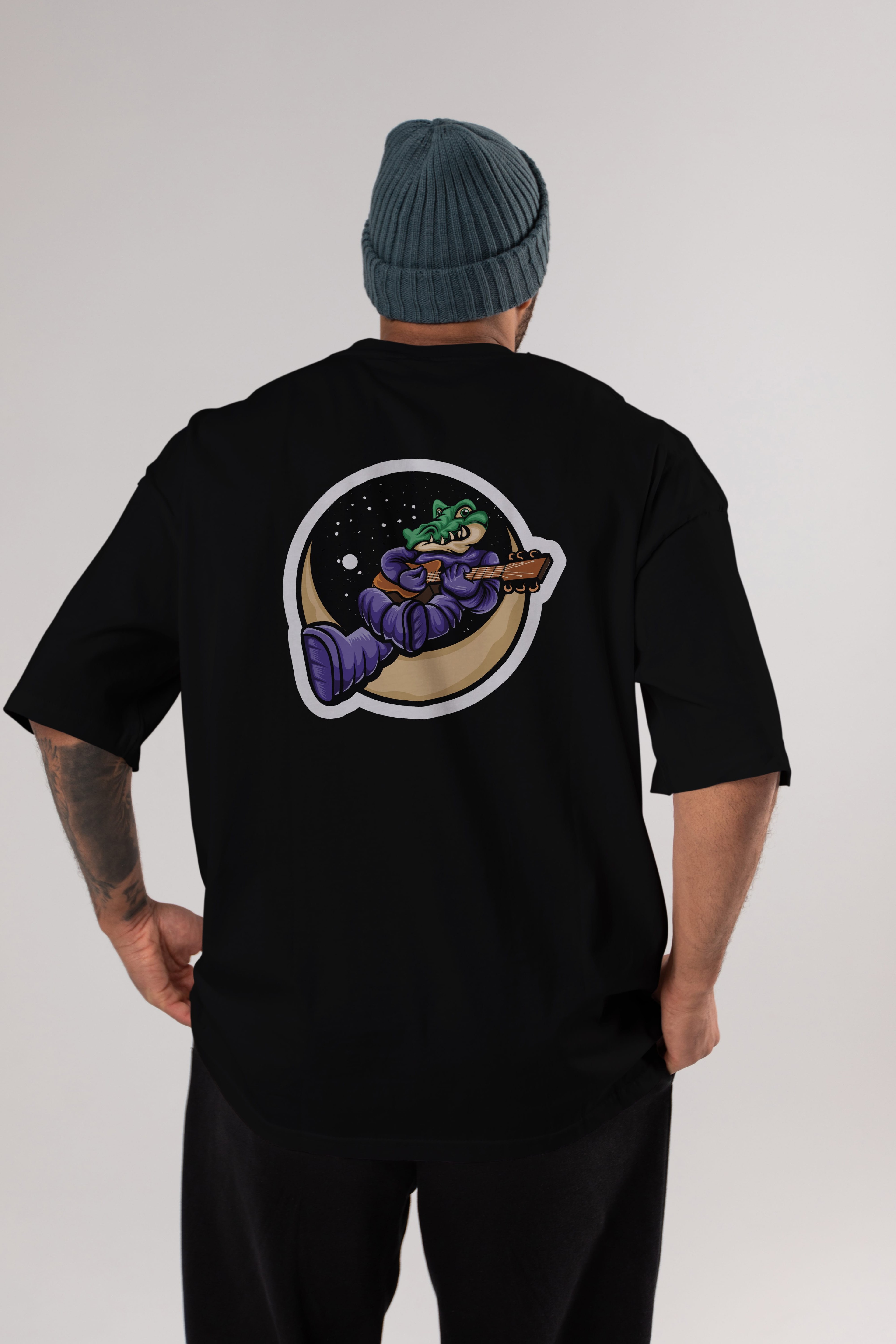 Space Crocodile Sticker Arka Baskılı Oversize t-shirt Erkek Kadın Unisex