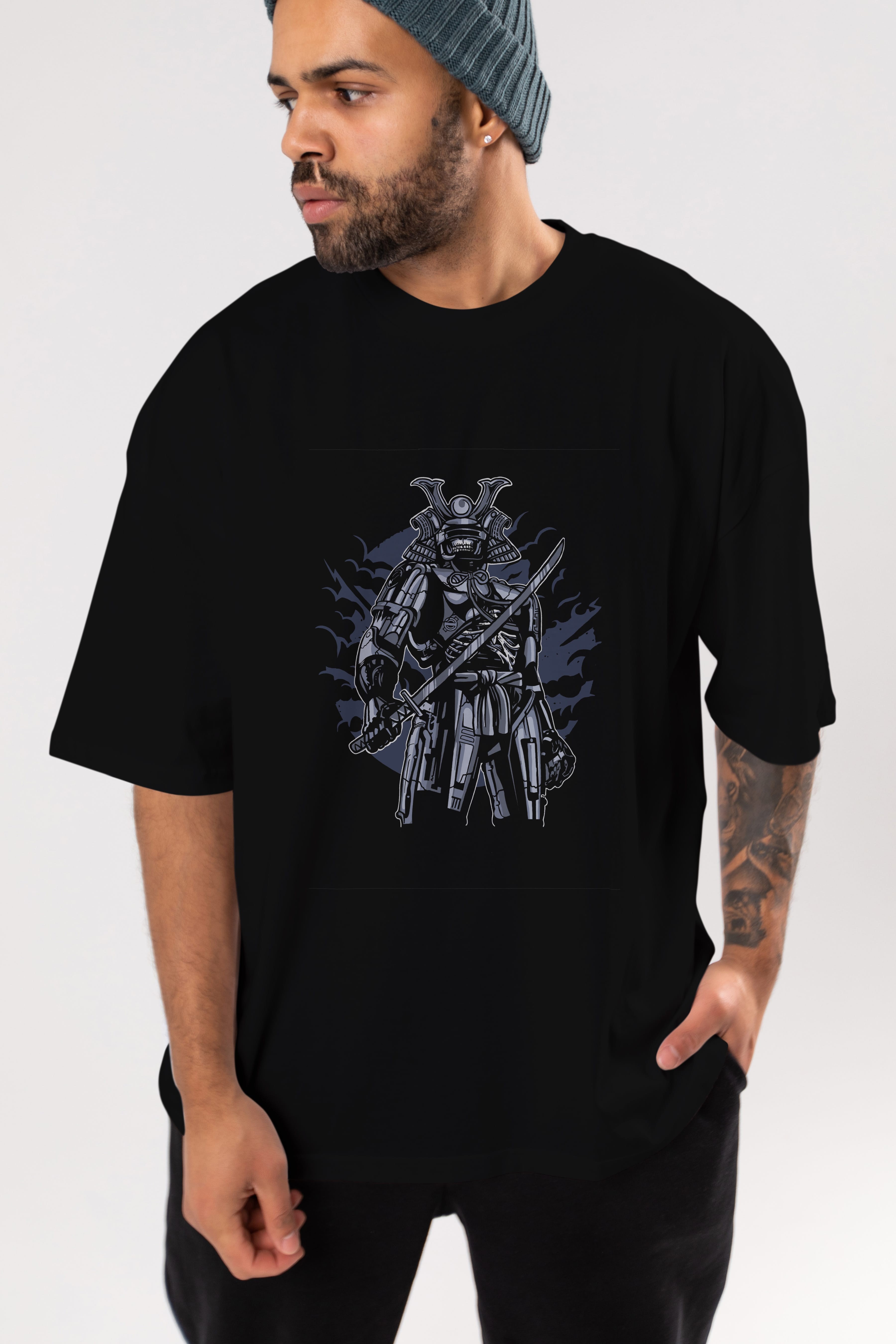 Samurai Robot Skull Ön Baskılı Oversize t-shirt Erkek Kadın Unisex %100 Pamuk tişort