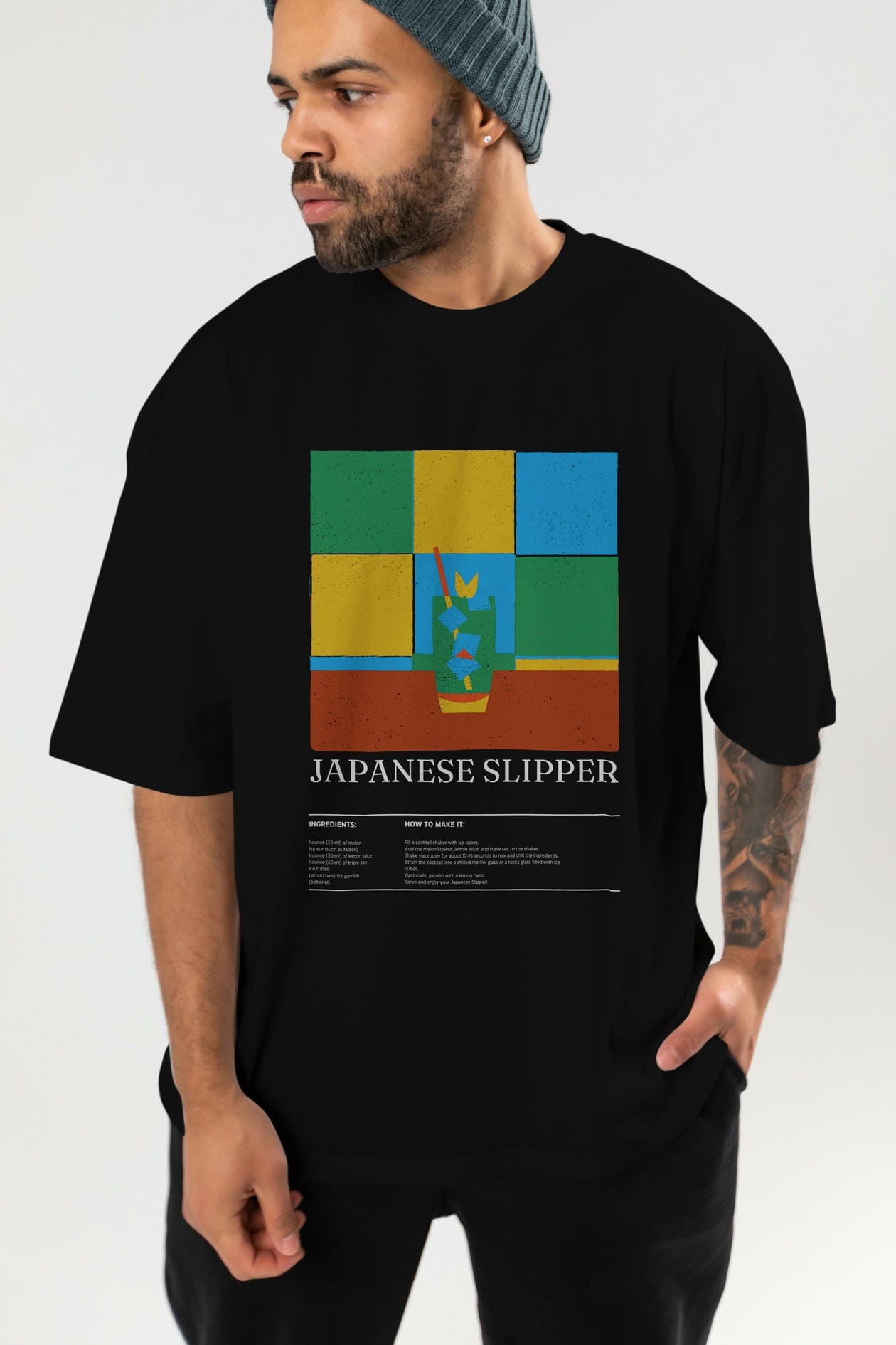 Japanese Slipper Kokteyl Ön Baskılı Oversize t-shirt Erkek Kadın %100 Pamuk Bisiklet Yaka tişort