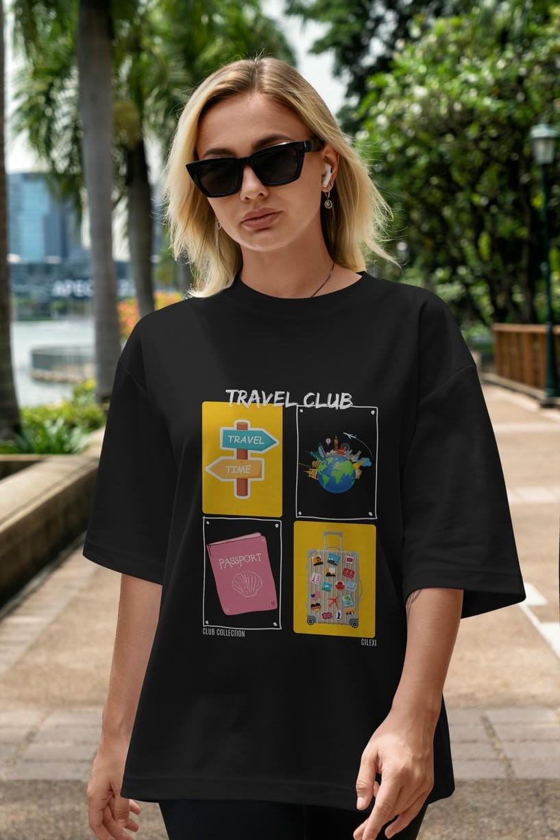 Travel Club ön Baskılı Oversize t-shirt Erkek Kadın %100 Pamuk Bisiklet Yaka tişort