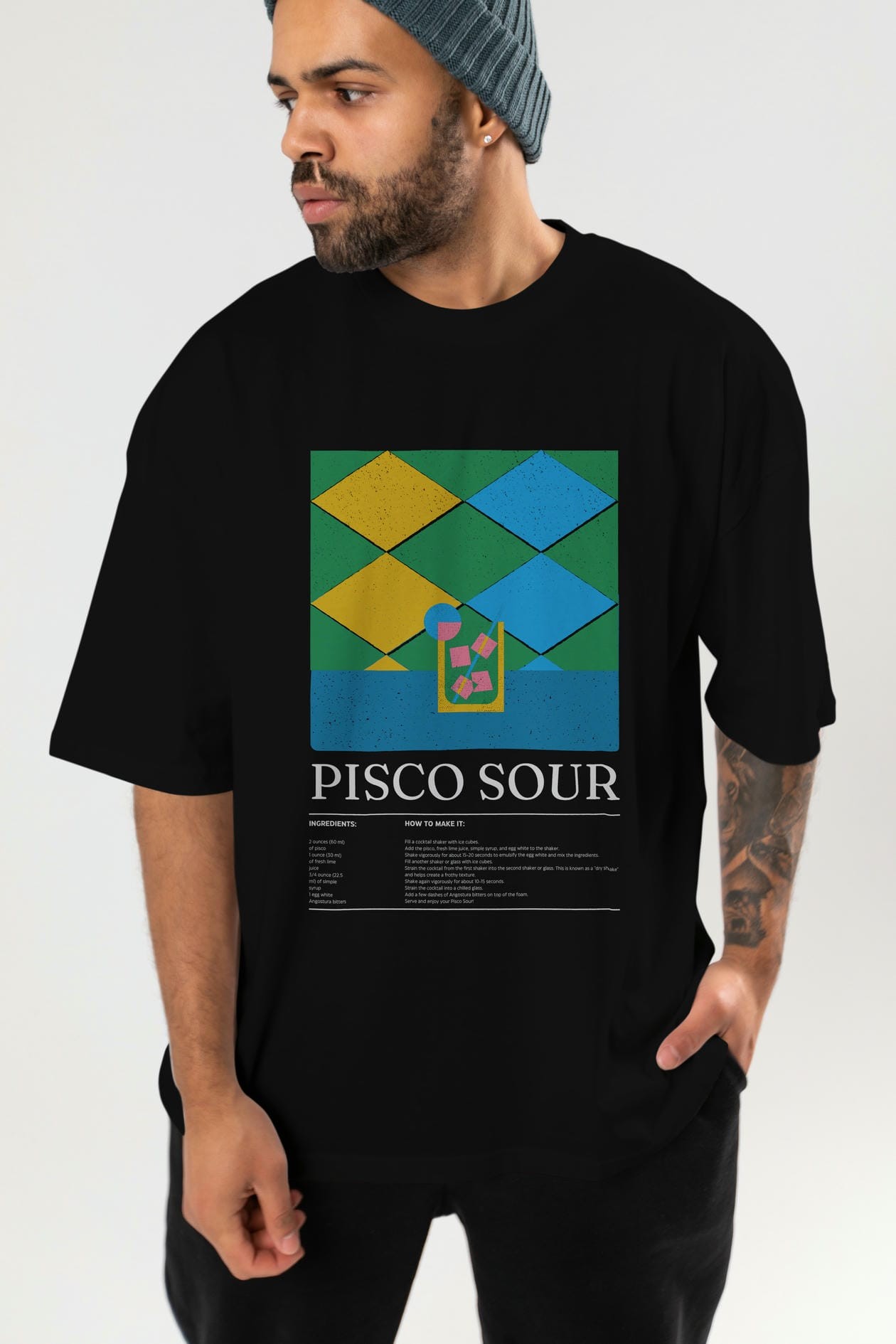 Pisco Sour Kokteyl Ön Baskılı Oversize t-shirt Erkek Kadın %100 Pamuk Bisiklet Yaka tişort