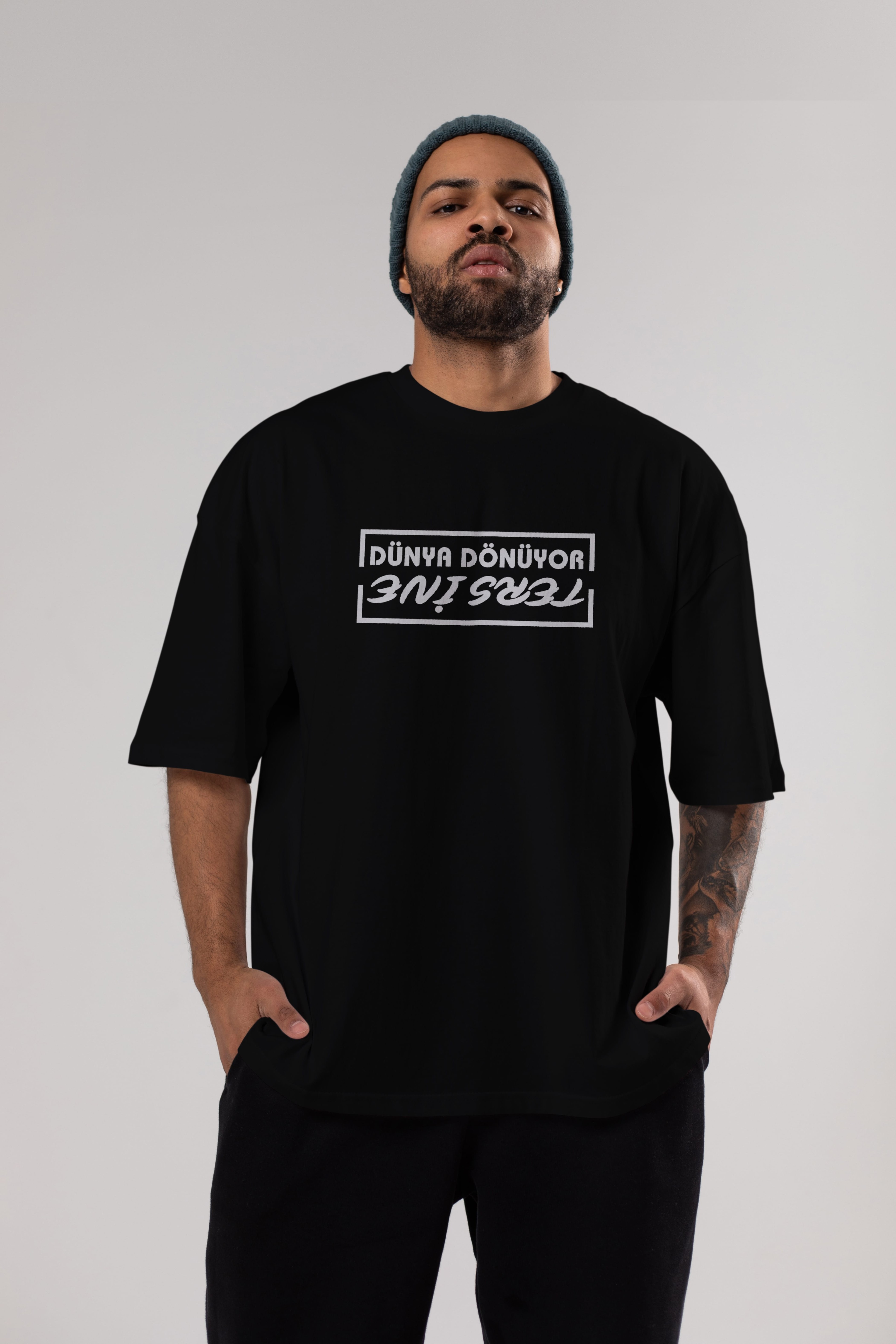 Dünya Dönüyor Tersine Ön Baskılı Oversize t-shirt %100 pamuk Erkek Kadın Unisex