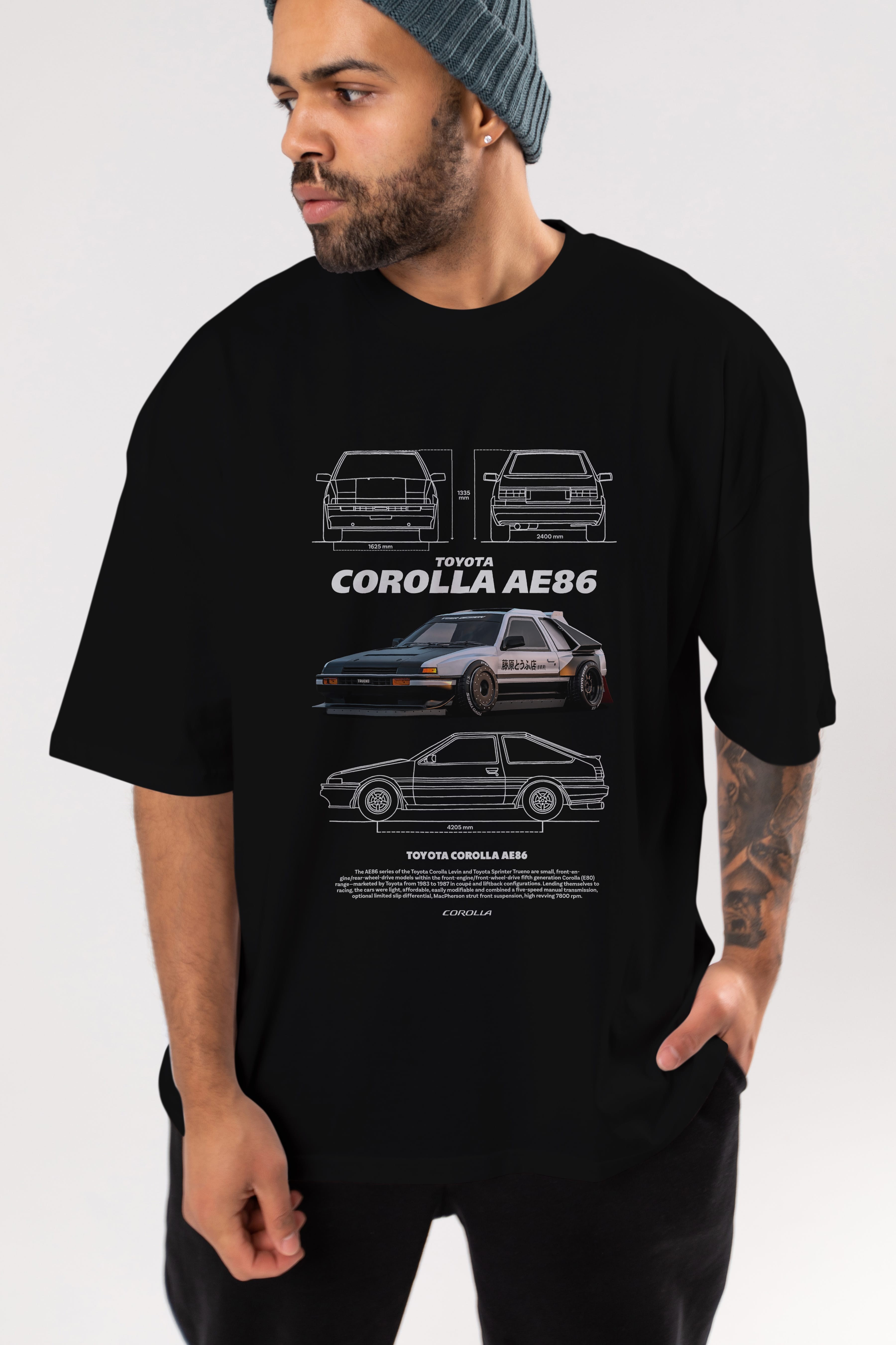 Toyota Corolla AE86 Ön Baskılı Oversize t-shirt Erkek Kadın Unisex %100 Pamuk Bisiklet Yaka tişort