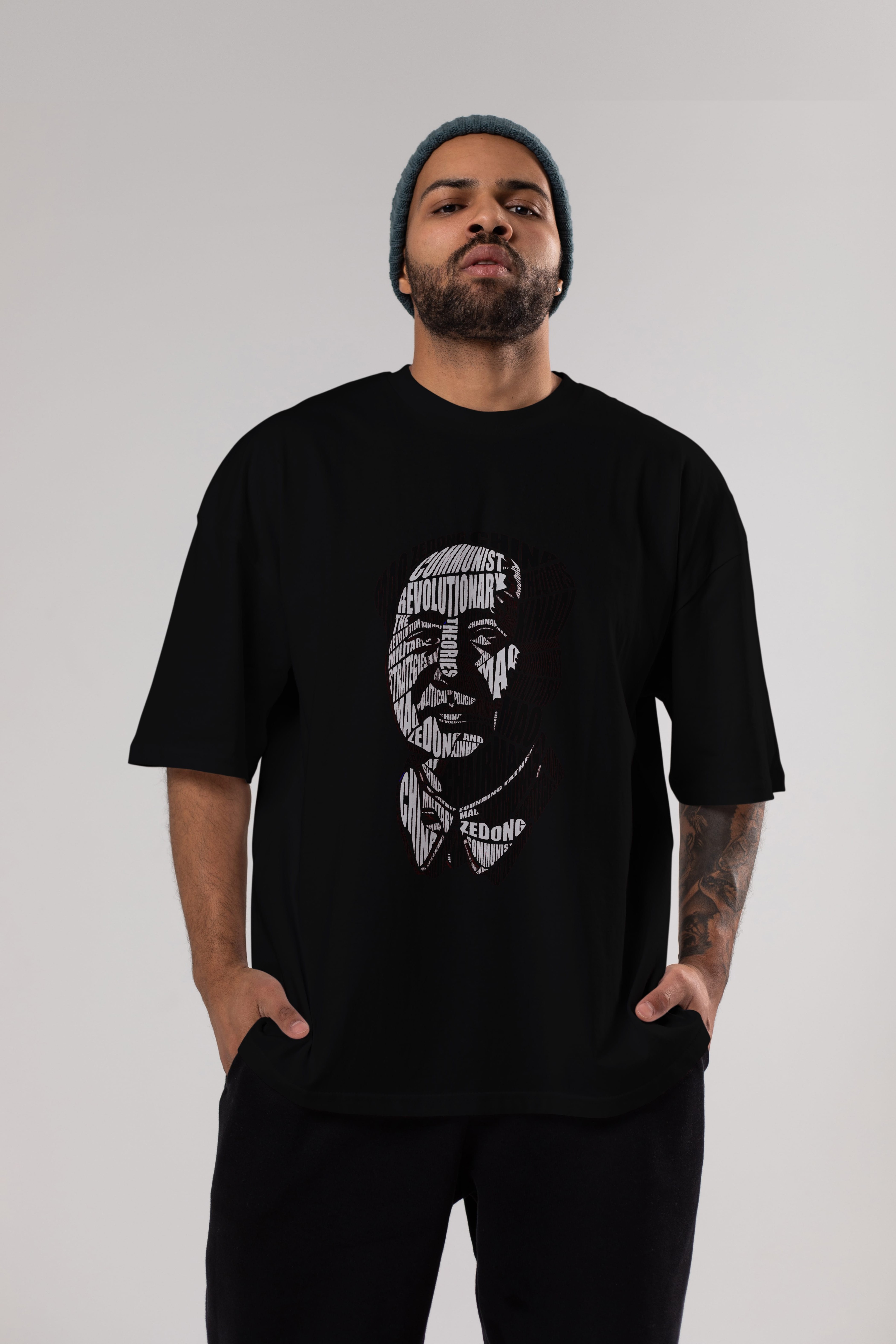 Mao Zedong Calligram Ön Baskılı Oversize t-shirt %100 pamuk Erkek Kadın Unisex