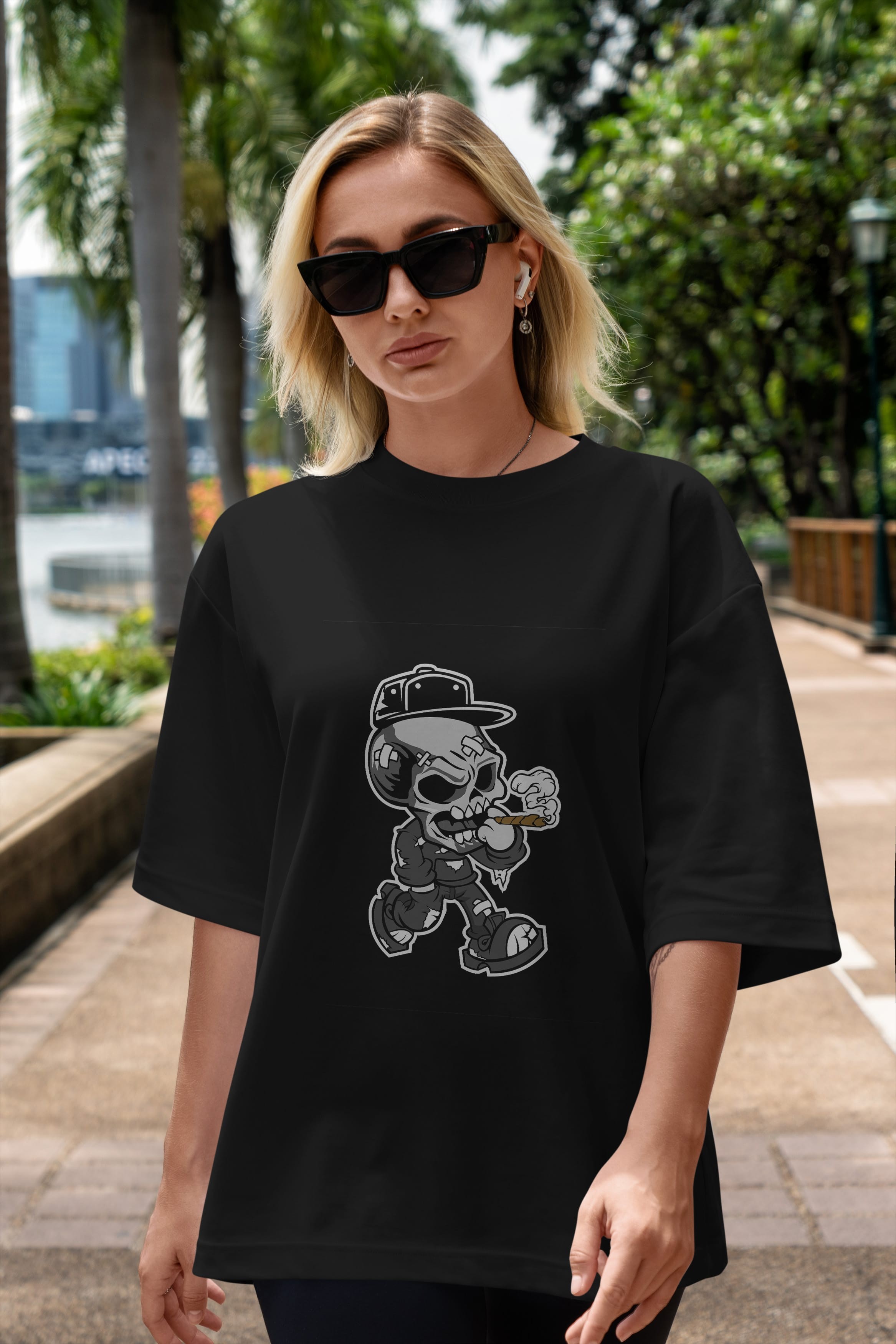 Skull Smoker Ön Baskılı Oversize t-shirt Erkek Kadın Unisex %100 Pamuk tişort