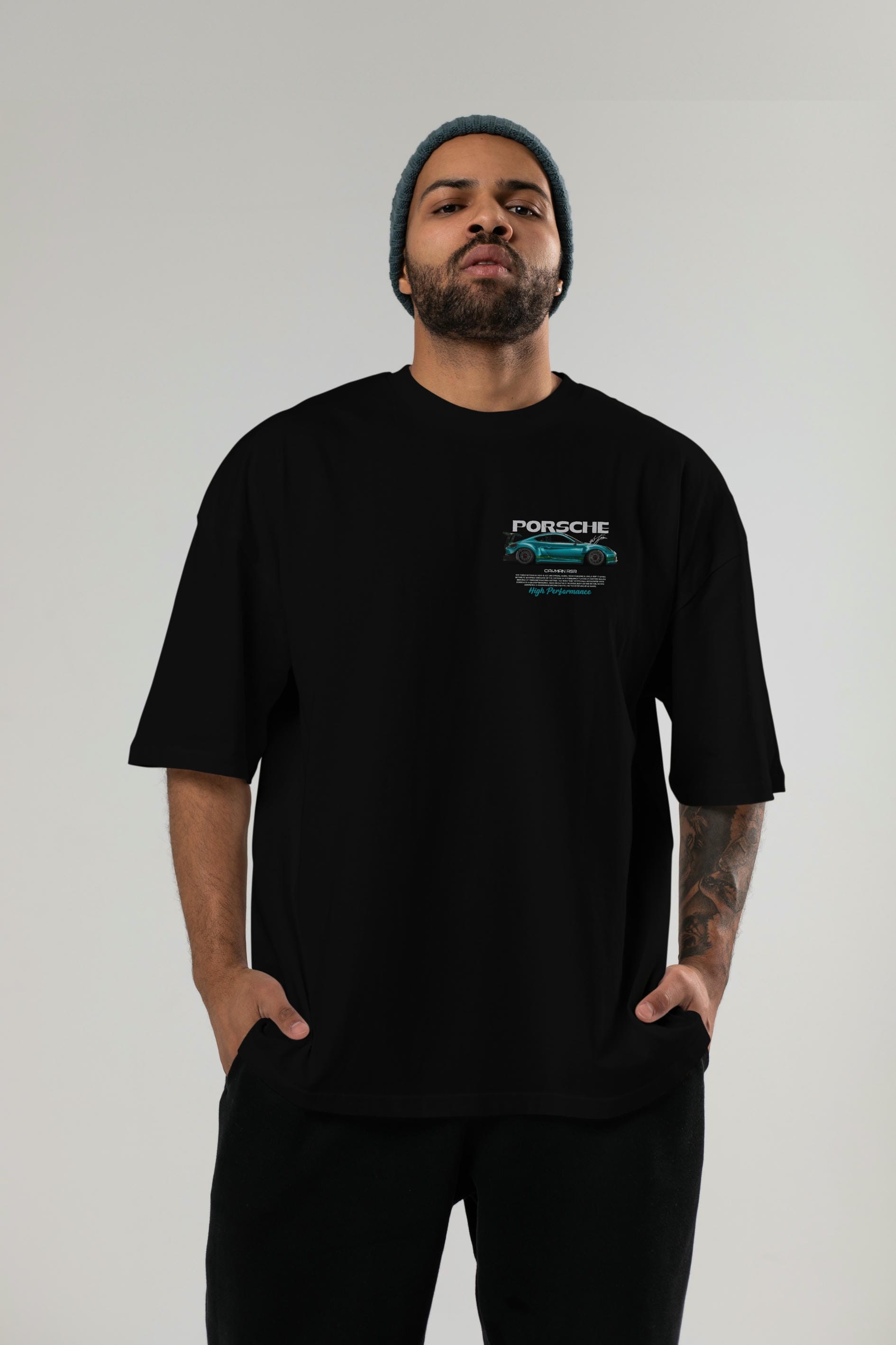 PORSCHE CAYMAN RSR Ön Sol Baskılı Oversize t-shirt Erkek Kadın Unisex %100 Pamuk Bisiklet Yaka tişort