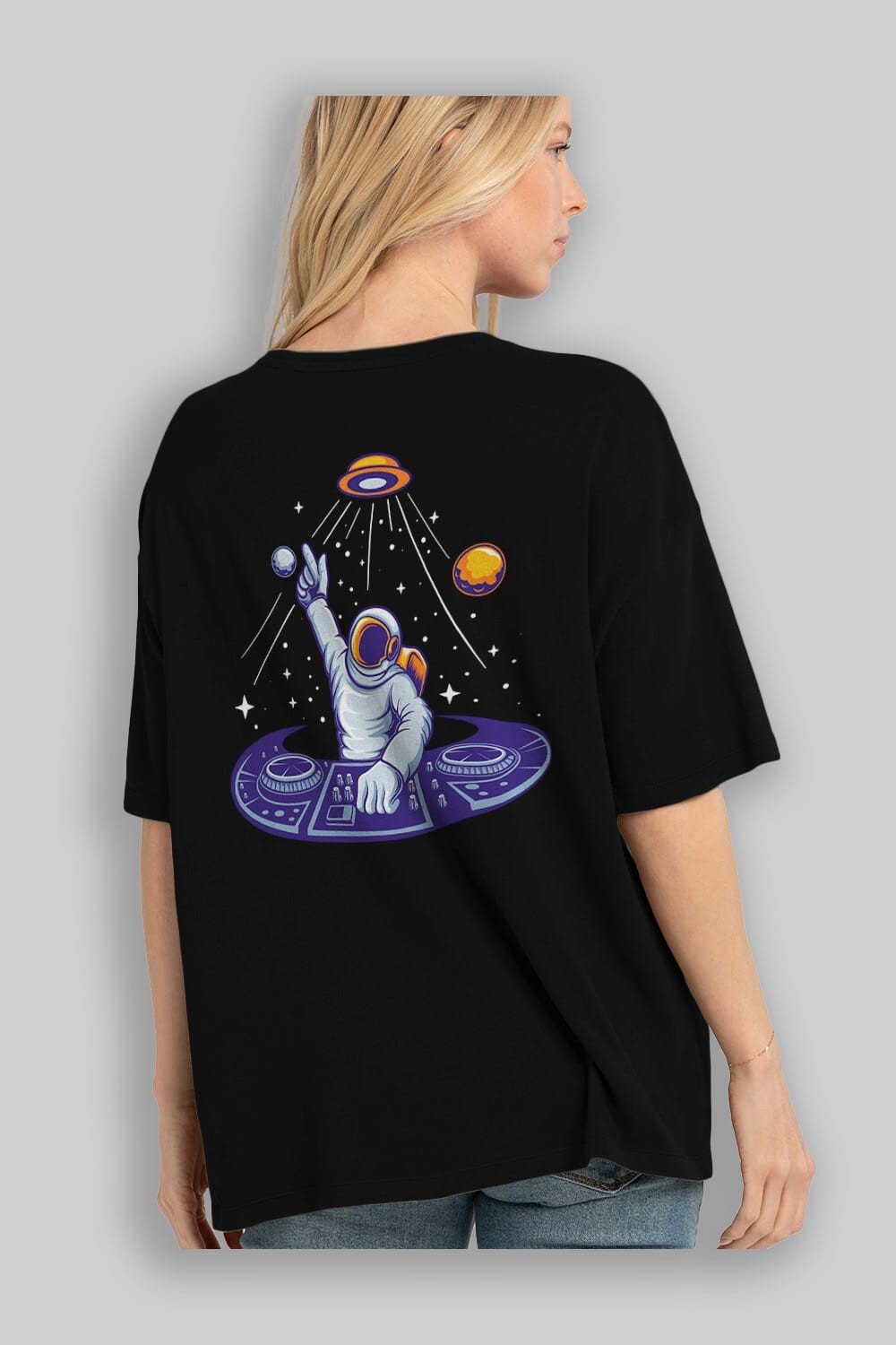 Astronaut Disk Jockey Party Arka Baskılı Oversize t-shirt Erkek Kadın Unisex