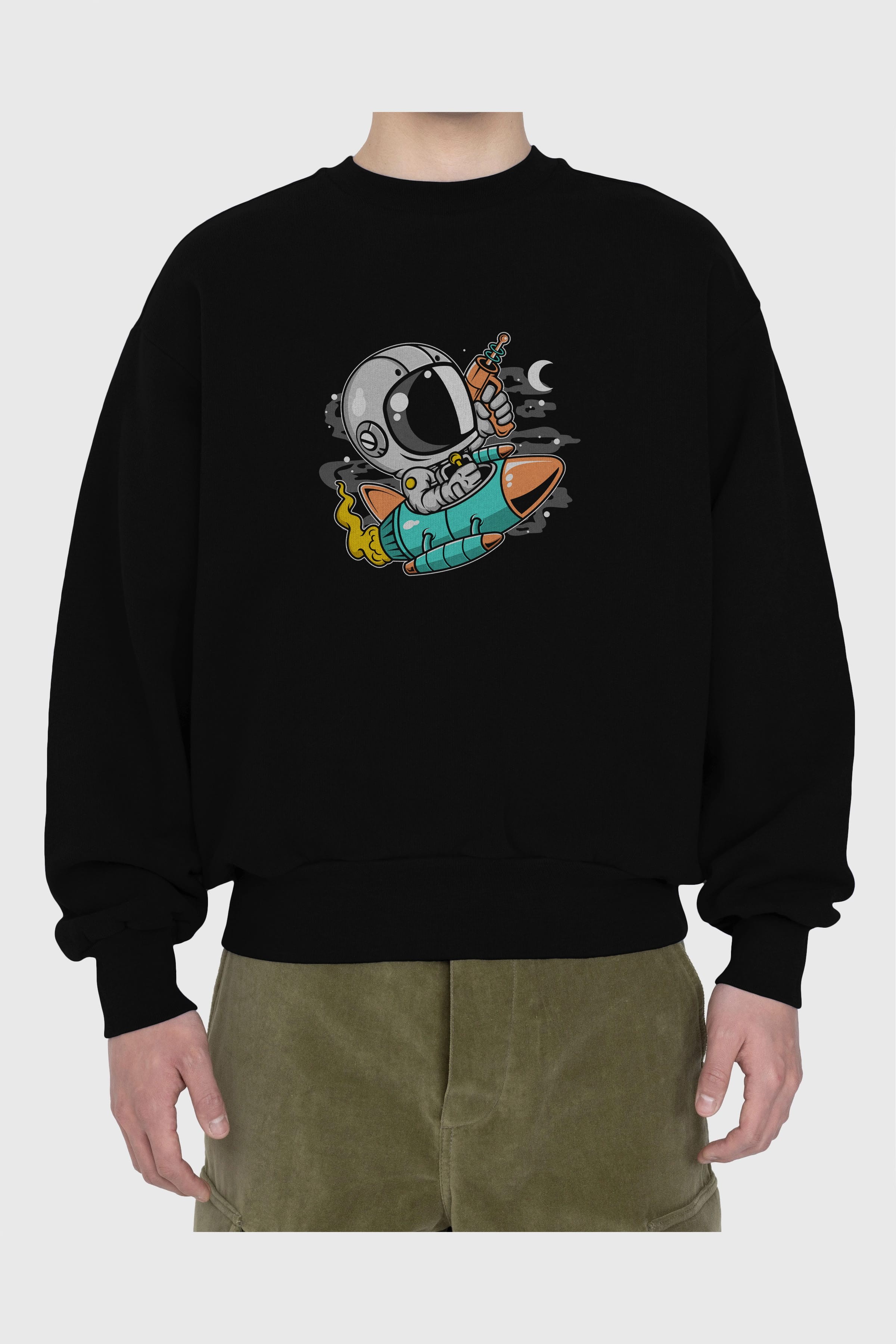 Astronaut Riding Rocket Ön Baskılı Oversize Sweatshirt Erkek Kadın Unisex