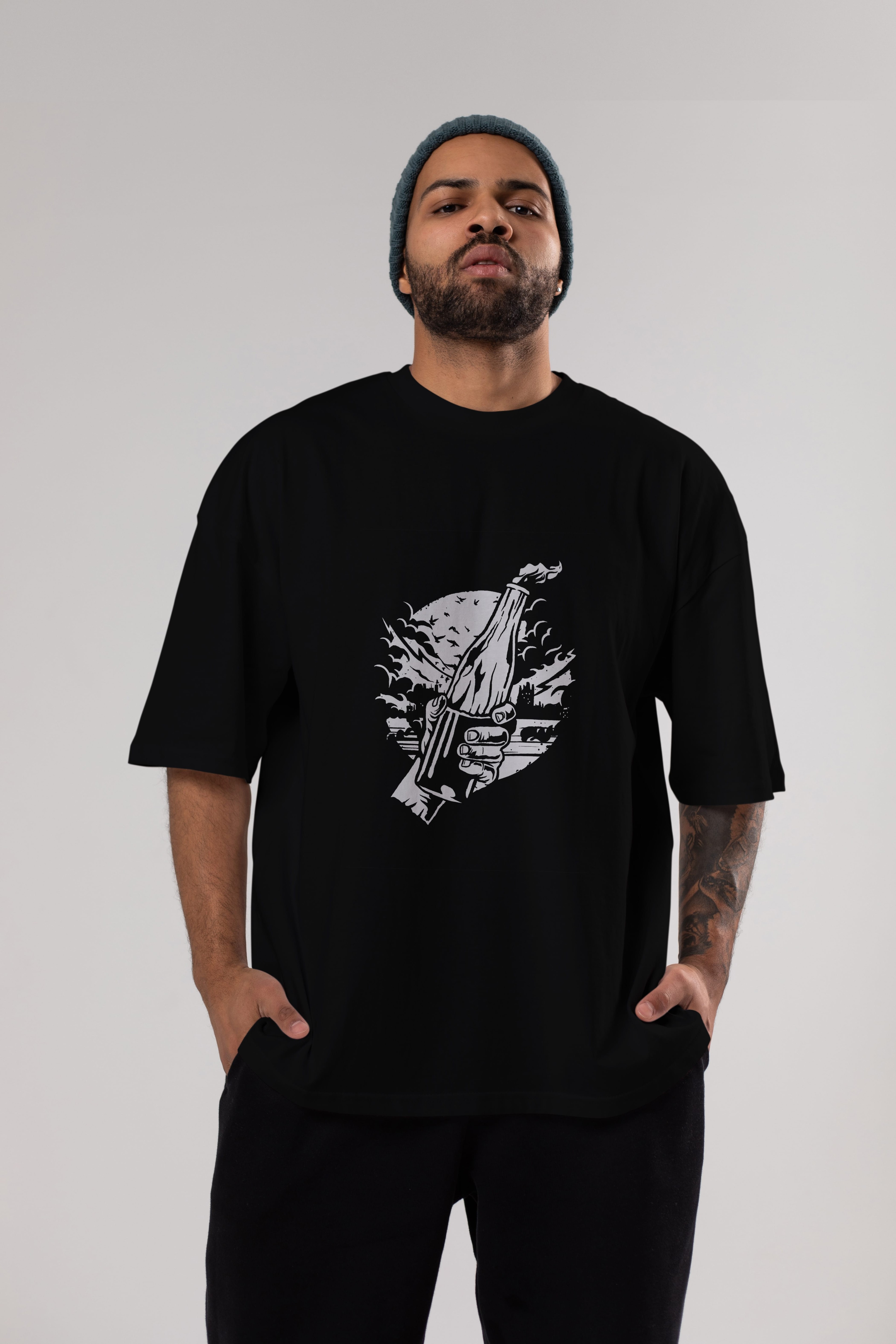 Molotov Cocktail Ön Baskılı Oversize t-shirt Erkek Kadın Unisex %100 Pamuk tişort