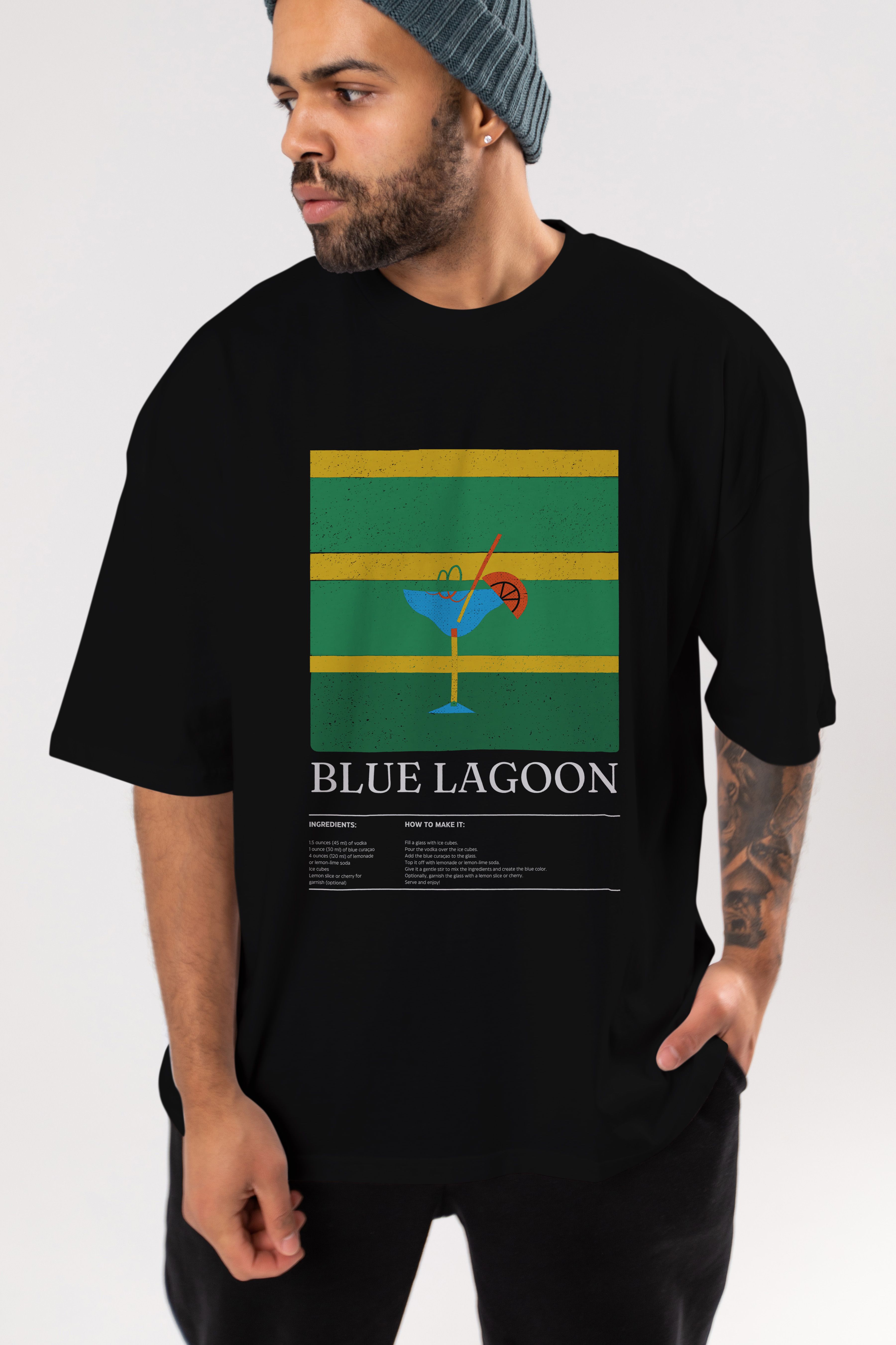 Blue Lagoon Kokteyl Ön Baskılı Oversize t-shirt Erkek Kadın %100 Pamuk Bisiklet Yaka tişort