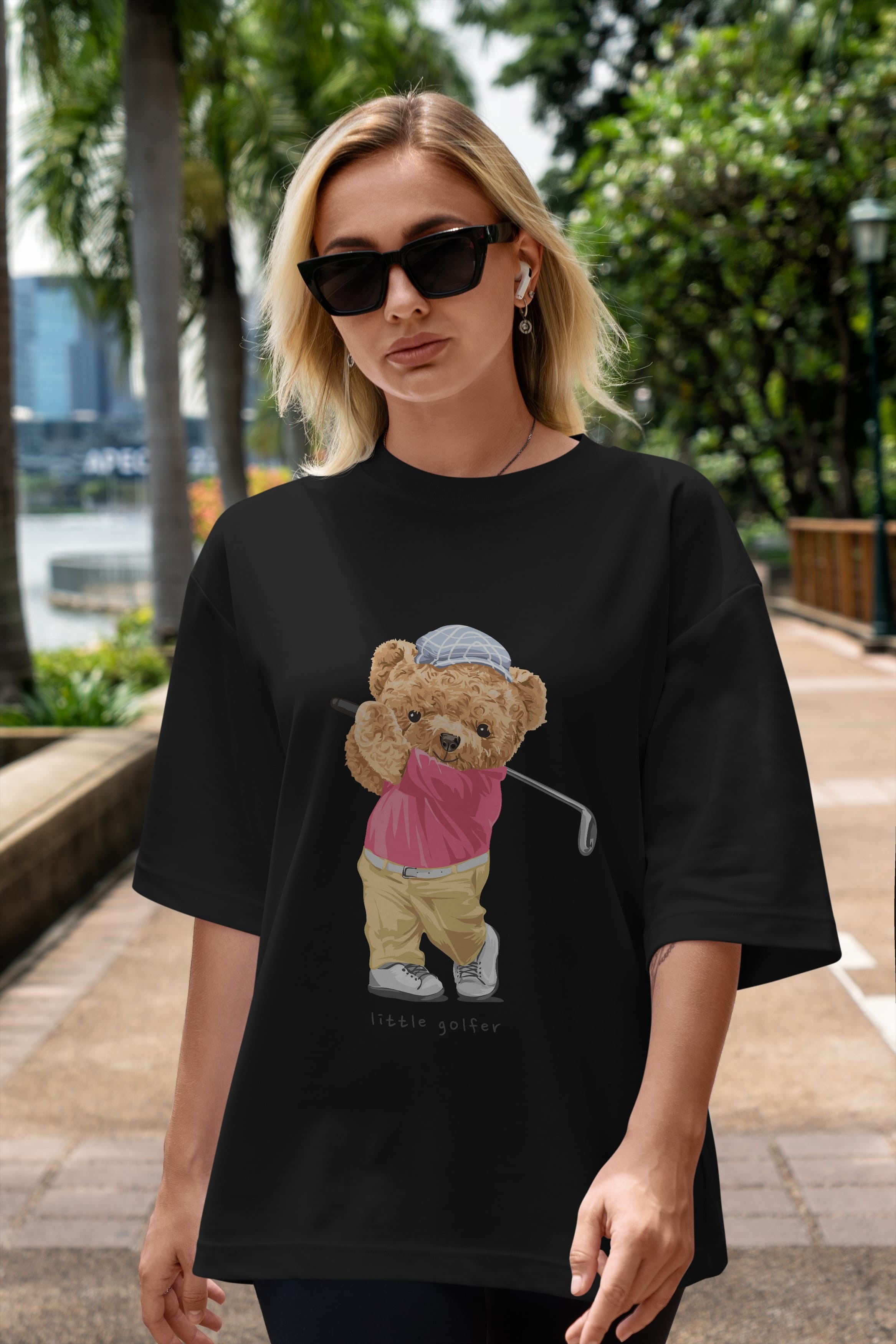 Teddy Bear Little Golfer Ön Baskılı Oversize t-shirt Erkek Kadın Unisex %100 Pamuk